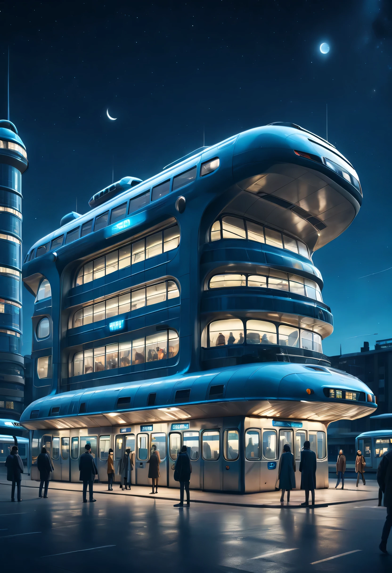 Aerial style, street photography style, ESTILO RETROFUTURISMO, Beautiful and meticulous，Evening character, The bus station building is located in a quiet town, real picture, 4k, with an original style，stop，people waiting for bus，
