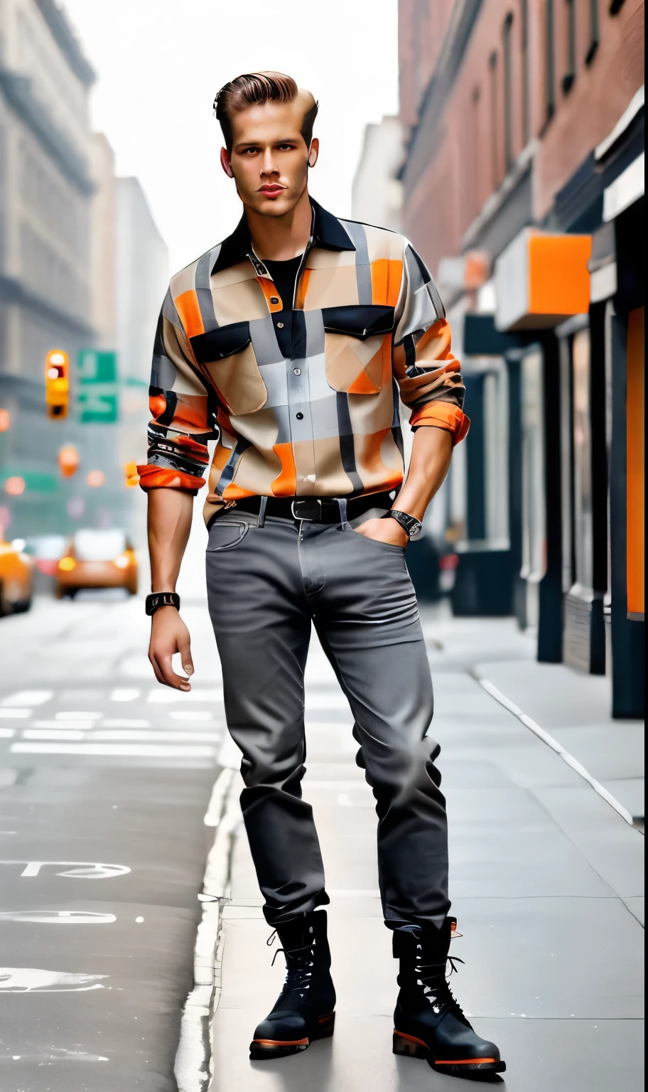 Arafed man in a checkered shirt and gray trousers stands on a city street, gray and blue colors, masculinity, high-fashion, Shirt sleeves are not rolled up, and straight.Black sleeve cuffs. Men's fashion, modern fashionable outfit, a man walks through the city, gray-orange, orange and black tones, style by Greg Rutkowski, modern casual wear, cool style, Dressed in men's clothing from the 1970s, casual modern clothing