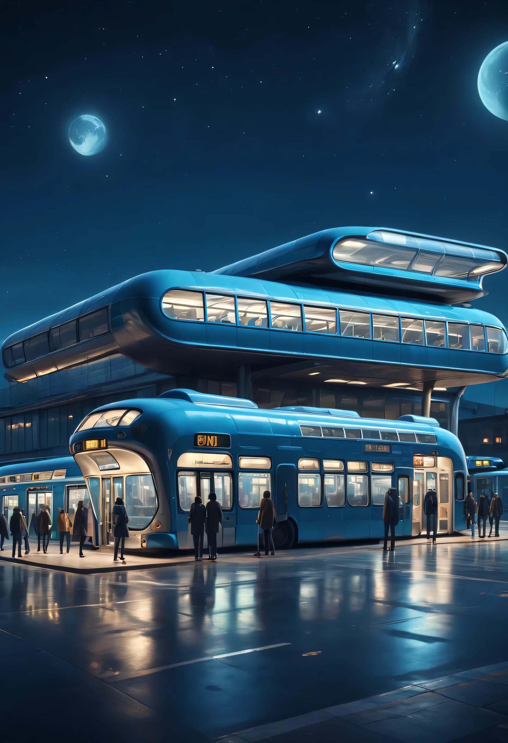 Aerial style, street photography style, ESTILO RETROFUTURISMO, Beautiful and meticulous,Evening character, (multi-storey bus station building located in a quiet town:0.85), real picture, 4k, with an original style,stop,people waiting for bus,Blue night sky,moving light,