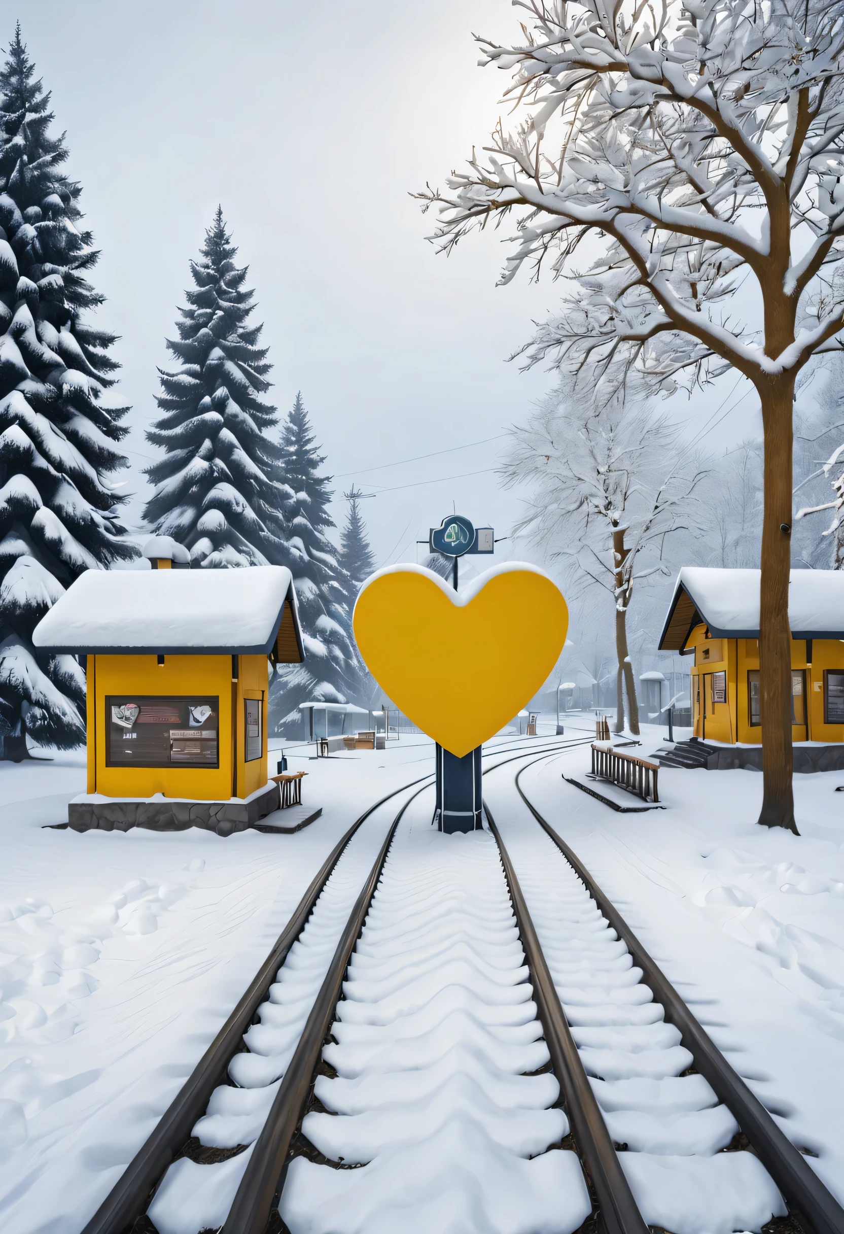 (a beautiful station), snow scene, Tracked snow road, A cozy roadside stop, A huge yellow heart shaped station sign, There are warm little station buildings on both sides of the Love Tree stop sign., thick snow, Front view, ultra wide angle lens, 8k, Ultra-clear, actual