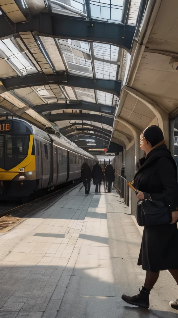 Train station: A bustling hub of activity, filled with the sounds and energy of traveling commuters. People of all ages and backgrounds move about, some in a hurry, others taking their time. The station's architecture towers overhead, with large clock faces marking the passing moments. Trains come and go from the various platforms, their whistles piercing the air. The ground is covered in a patchwork of shadows and sunlight, created by the station's overhead roof and the occasional passing train. Realistic detail can be seen in every aspect, from the creases in passengers' clothing to the grungy texture of the train tracks. The sound of announcements fill the air, giving information on arrival and departure times