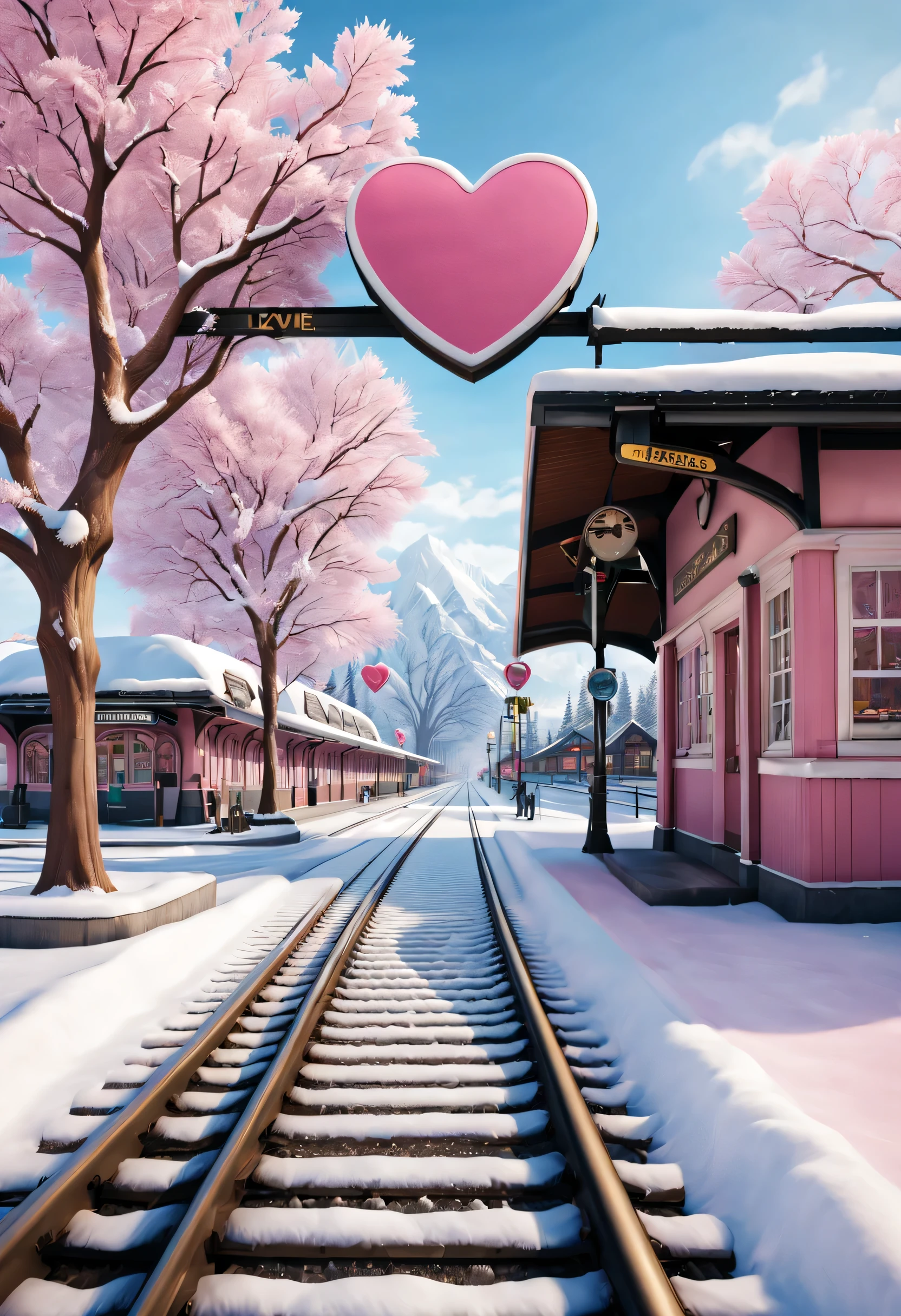 a beautiful train station，With snow scene and train tracks. There is a warm pink station on the roadside, There&#39;s a giant heart-shaped station sign and a heart-shaped love tree. There are cozy little station buildings on both sides of the signboard.. The snow is thick, Has front-view and ultra-wide-angle lenses, 8k, Ultra-clear, actual, Romantic, and looking forward to it