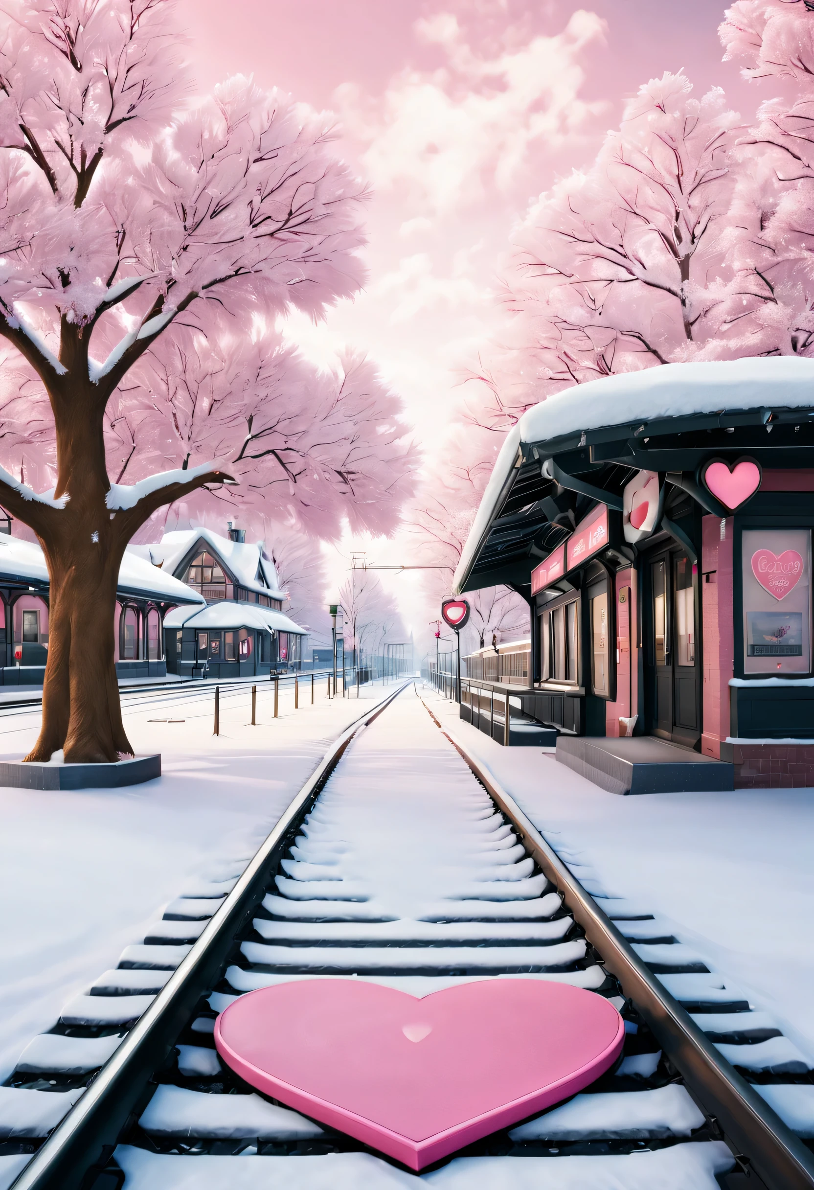 (a beautiful train station), snow scene, There are train tracks, A cozy roadside stop, A giant pink heart-shaped station sign, love tree, and cozy little station buildings on both sides of the sign.. The snow is thick, Front view, ultra wide angle lens, 8k, Ultra-clear, actual