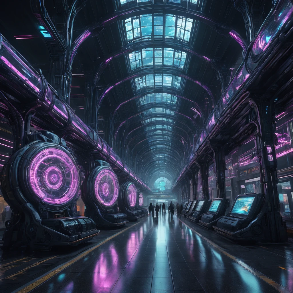 High Resolution, High Quality, Masterpiece. Futuristic train station in radiant cyberpunk style, articulated with large glass sculptures reminiscent of renowned sculptors, cyberpunk trains traversing spiraling tracks, fractal neon colors enhancing the scene, grunge textures and abstract black oil elements interwoven, intricate gear mechanisms merge with detailed acrylic-like finishes, hyperdetailed with neon ambiance, rendered in octane with unparalleled complexity, captured in a 32k photorealistic, unreal engine masterpiece