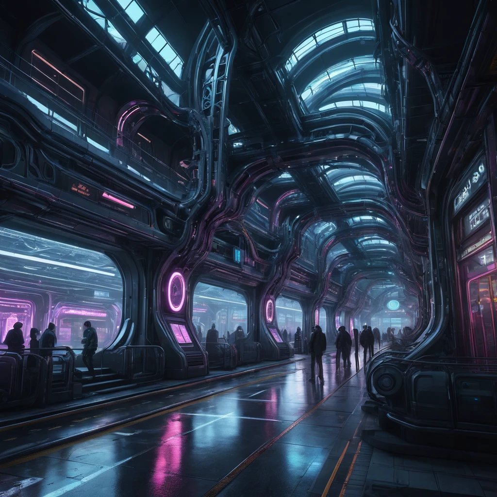 High Resolution, High Quality, Masterpiece. Futuristic train station in radiant cyberpunk style, articulated with large glass sculptures reminiscent of renowned sculptors, cyberpunk trains traversing spiraling tracks, fractal neon colors enhancing the scene, grunge textures and abstract black oil elements interwoven, intricate gear mechanisms merge with detailed acrylic-like finishes, hyperdetailed with neon ambiance, rendered in octane with unparalleled complexity, captured in a 32k photorealistic, unreal engine masterpiece