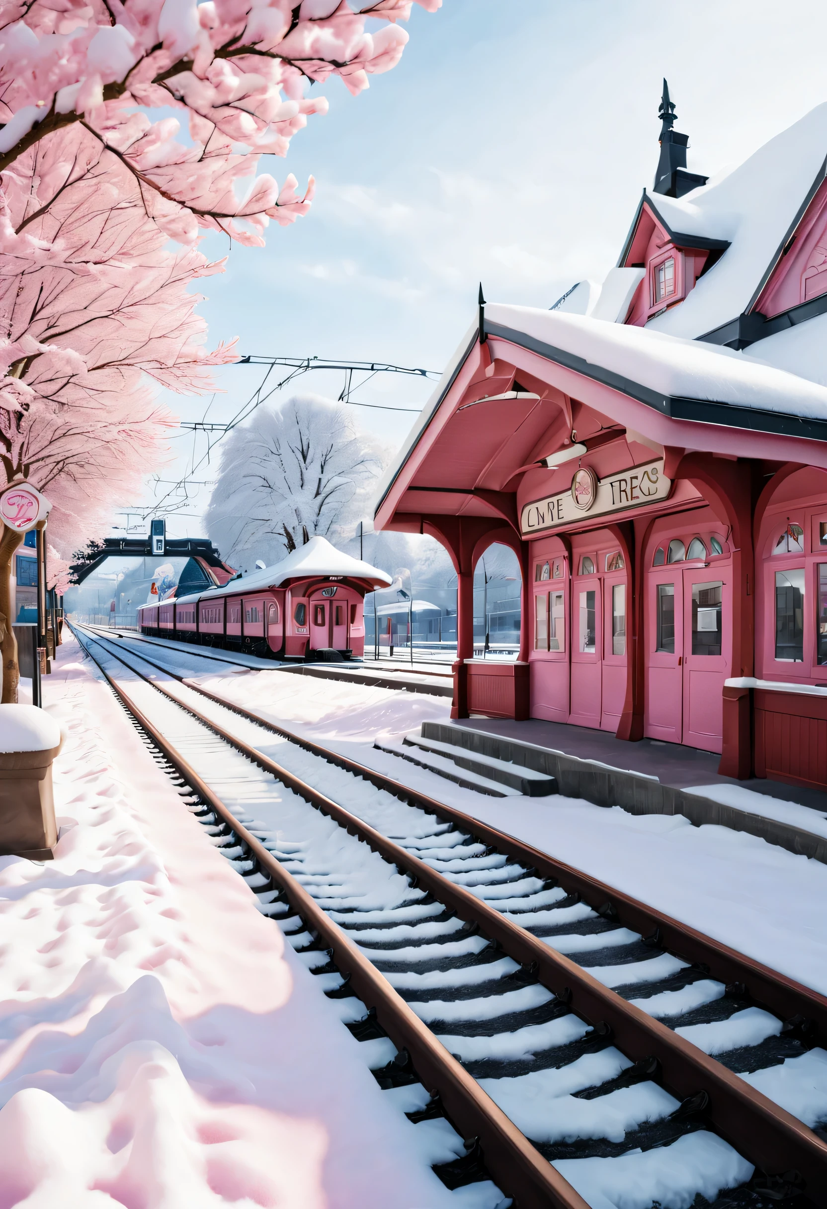 beautiful train station，With snow scene and train tracks. There is a warm pink station on the roadside, There is a big station sign and a love tree. There are cozy little station buildings on both sides of the signboard., There is thick snow. Front view, ultra wide angle lens, 8k, Ultra-clear, true, Romantic, and looking forward to it，