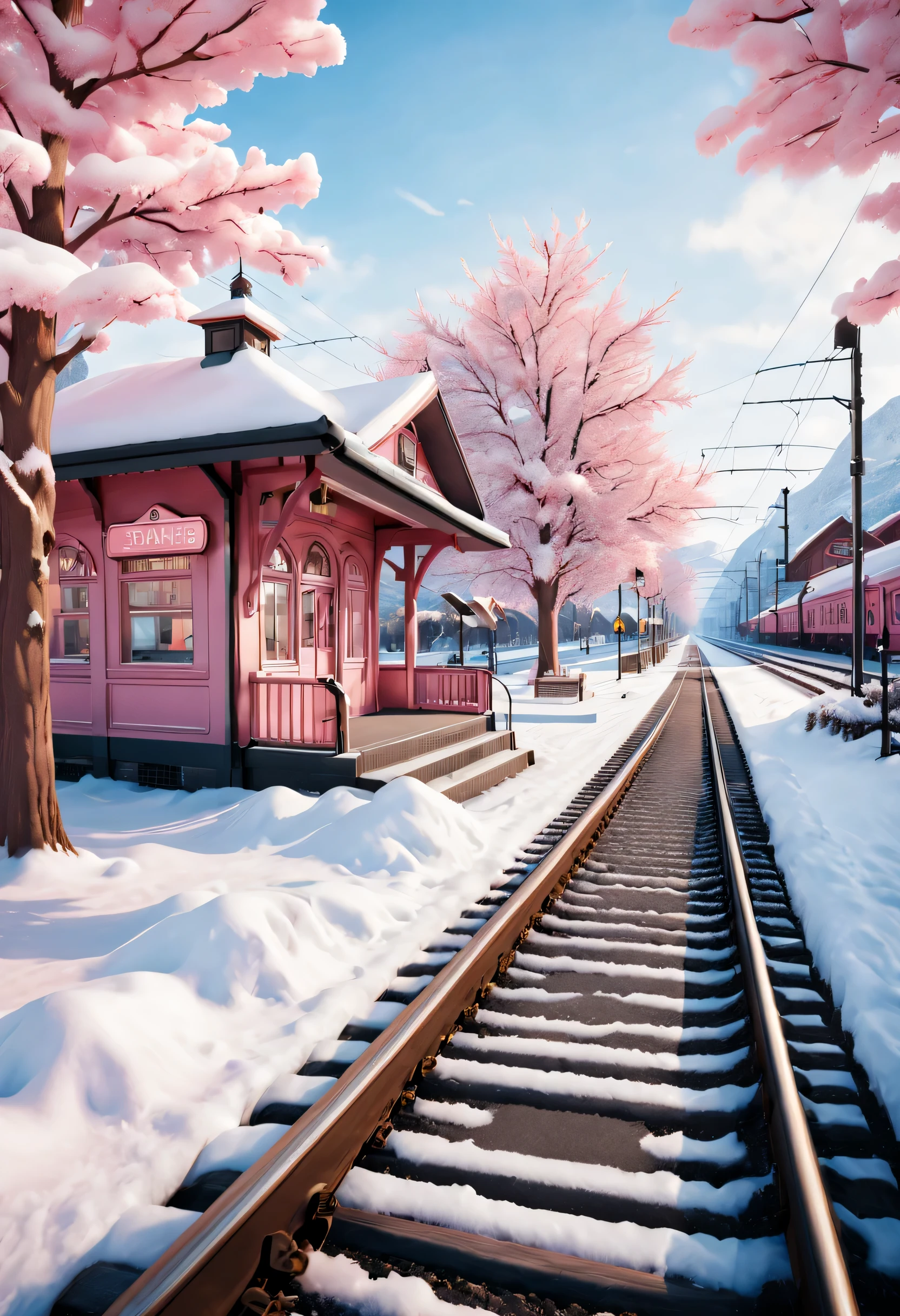 beautiful train station，With snow scene and train tracks. There is a warm pink station on the roadside, There is a big station sign and a love tree. There are cozy little station buildings on both sides of the signboard., There is thick snow. Front view, ultra wide angle lens, 8k, Ultra-clear, true, Romantic, and looking forward to it，