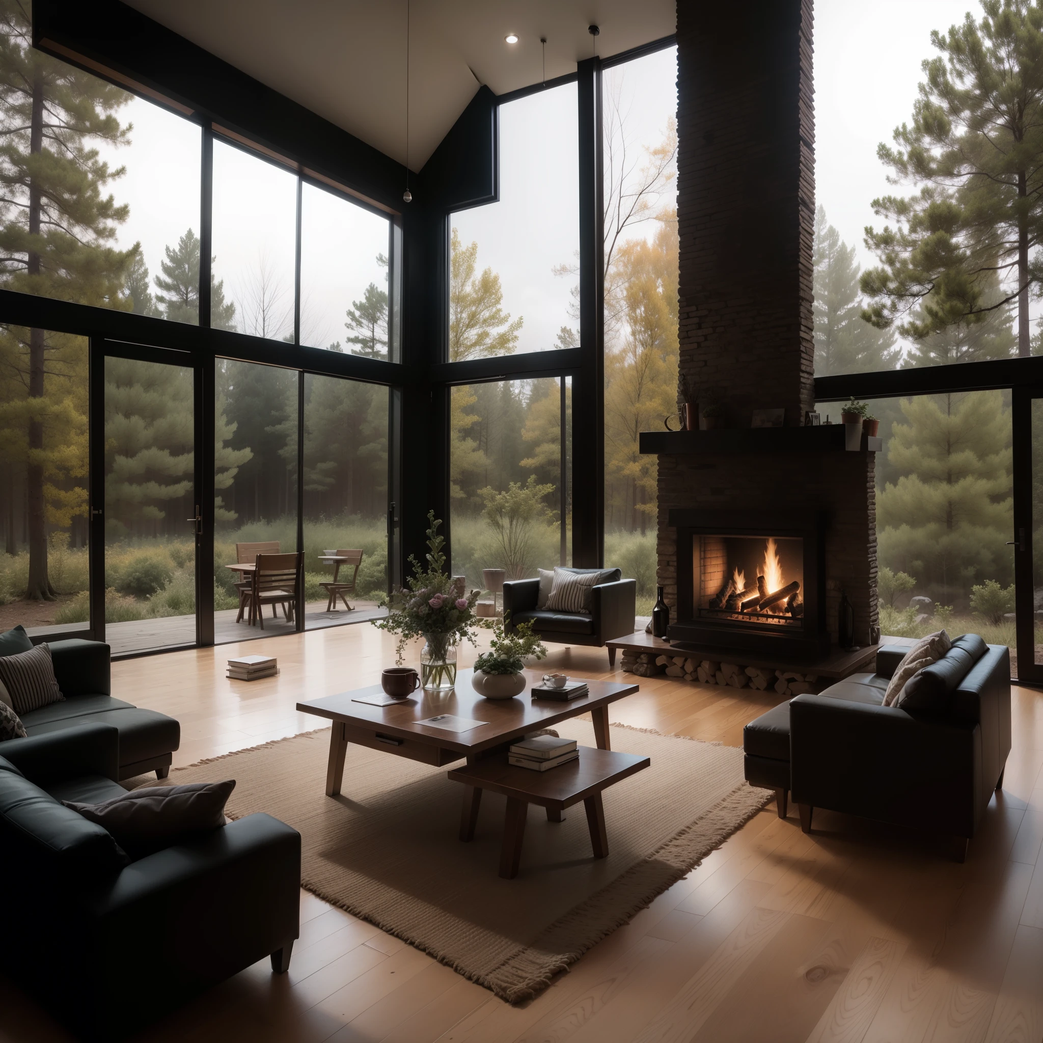 cozy living room with fireplace at night on the edge of the misty forest