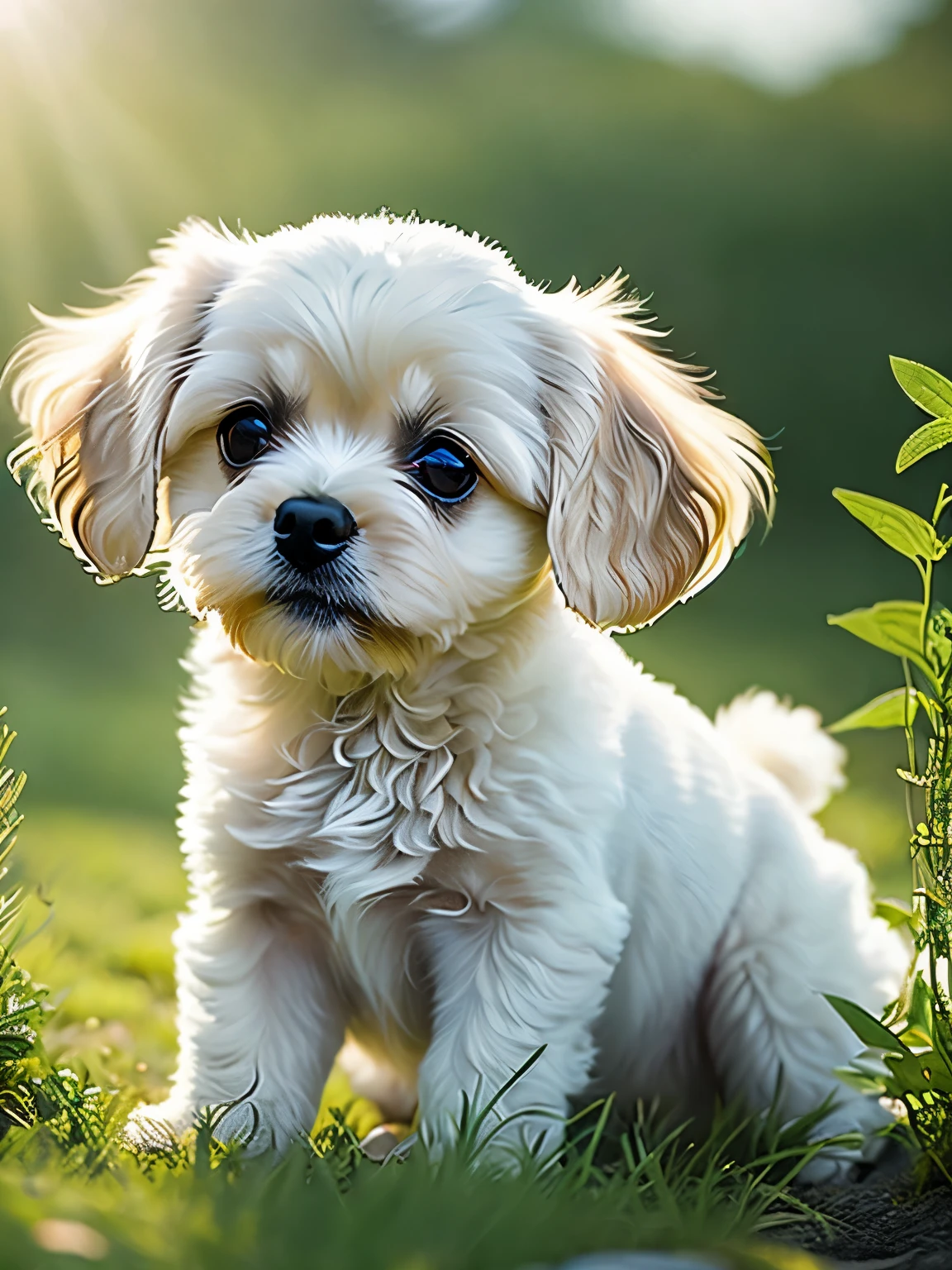 Close-up of a very cute jumping bichon puppy, soft volumetric light, (backlight: 1.3), (movie: 1.2), intricate details, (ArtStation: 1.3), Rutkowski,The image could include a happy and healthy pet, surrounded by natural elements like plants or herbs. The pet could be portrayed in a playful or relaxed manner, illustrating the idea of a happier life. Additionally, the image could include symbols or icons representing natural supplements, such as herbs or vitamins, to emphasize their importance in pet care.
