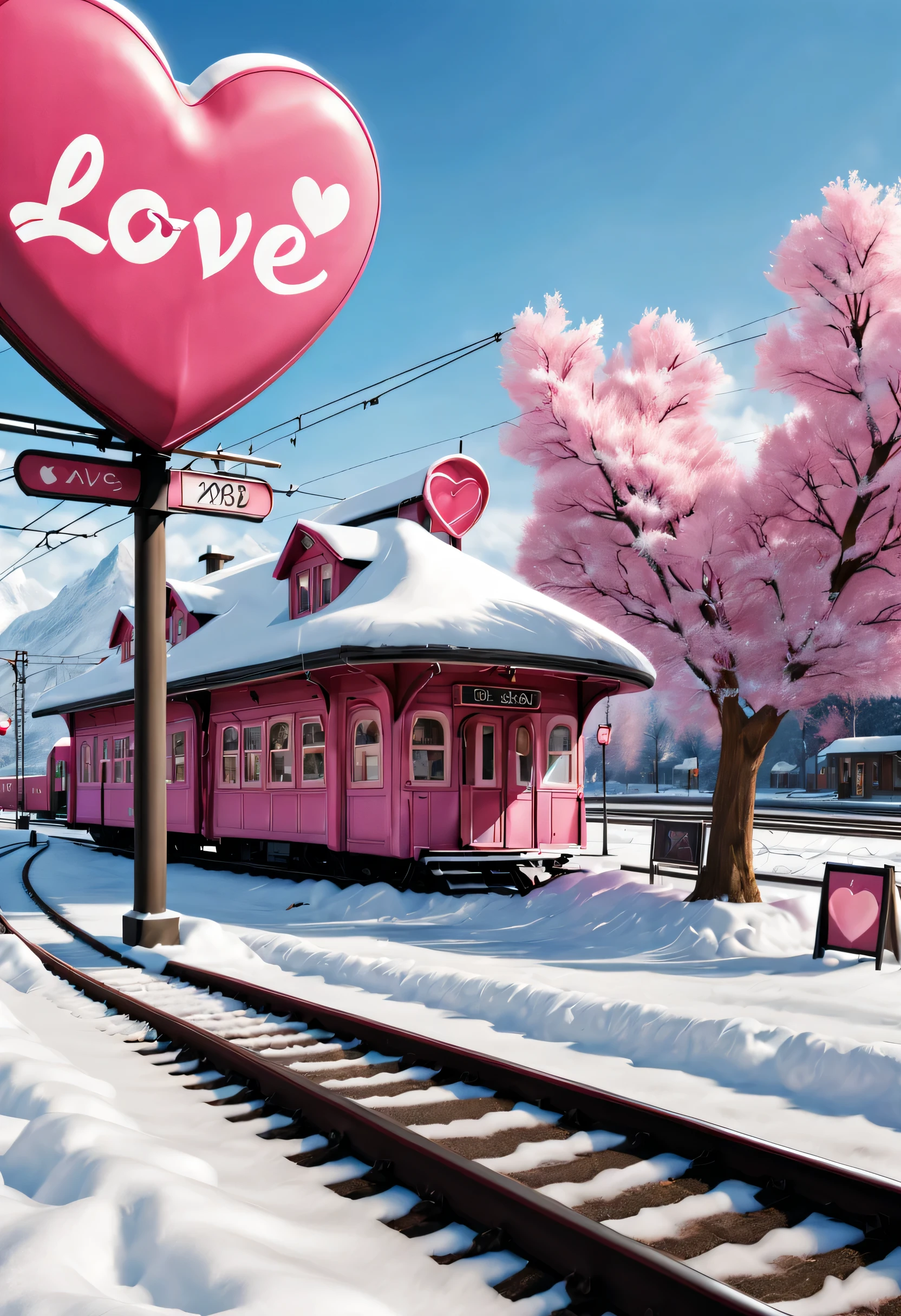 a beautiful train station，With snow scene and train tracks. There is a warm pink station on the roadside, There&#39;s a giant heart-shaped station sign and a heart-shaped love tree. There are cozy little station buildings on both sides of the signboard.. The snow is thick, Has front-view and ultra-wide-angle lenses, 8k, Ultra-clear, actual, Romantic, and looking forward to it