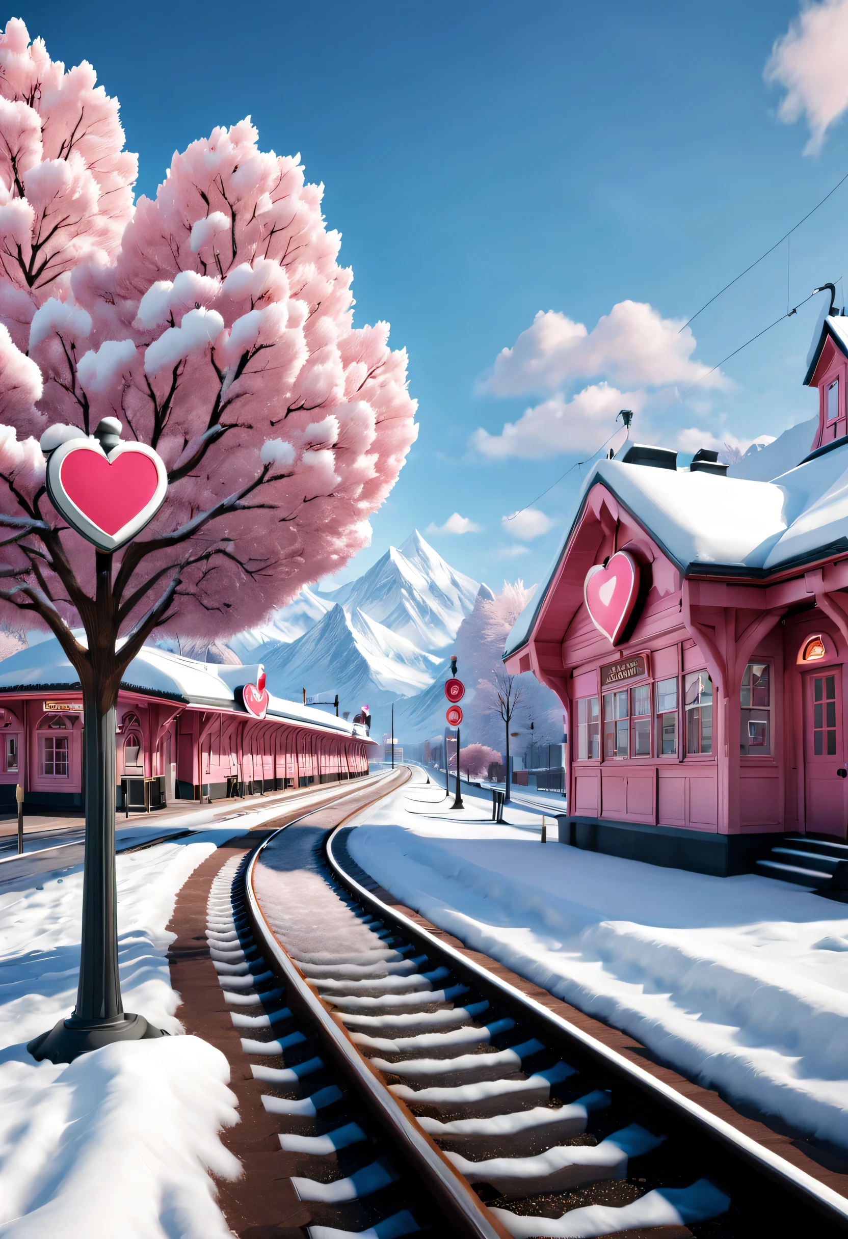 a beautiful train station，With snow scene and train tracks. There is a warm pink station on the roadside, There&#39;s a giant heart-shaped station sign and a heart-shaped love tree. There are cozy little station buildings on both sides of the signboard.. The snow is thick, Has front-view and ultra-wide-angle lenses, 8k, Ultra-clear, actual, Romantic, and looking forward to it