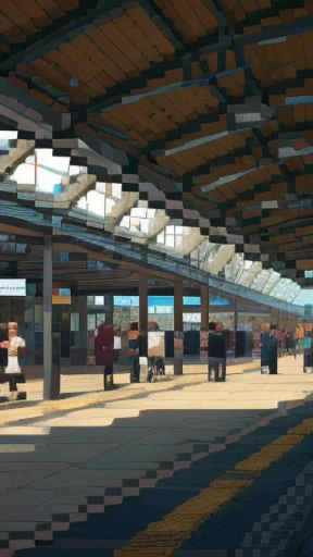 Train station: A bustling hub of activity, filled with the sounds and energy of traveling commuters. People of all ages and backgrounds move about, some in a hurry, others taking their time. The station's architecture towers overhead, with large clock faces marking the passing moments. Trains come and go from the various platforms, their whistles piercing the air. The ground is covered in a patchwork of shadows and sunlight, created by the station's overhead roof and the occasional passing train. Realistic detail can be seen in every aspect, from the creases in passengers' clothing to the grungy texture of the train tracks. The sound of announcements fill the air, giving information on arrival and departure times