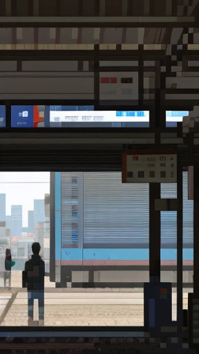 Train station: A bustling hub of activity, filled with the sounds and energy of traveling commuters. People of all ages and backgrounds move about, some in a hurry, others taking their time. The station's architecture towers overhead, with large clock faces marking the passing moments. Trains come and go from the various platforms, their whistles piercing the air. The ground is covered in a patchwork of shadows and sunlight, created by the station's overhead roof and the occasional passing train. Realistic detail can be seen in every aspect, from the creases in passengers' clothing to the grungy texture of the train tracks. The sound of announcements fill the air, giving information on arrival and departure times