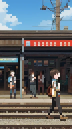 Train station: A bustling hub of activity, filled with the sounds and energy of traveling commuters. People of all ages and backgrounds move about, some in a hurry, others taking their time. The station's architecture towers overhead, with large clock faces marking the passing moments. Trains come and go from the various platforms, their whistles piercing the air. The ground is covered in a patchwork of shadows and sunlight, created by the station's overhead roof and the occasional passing train. Realistic detail can be seen in every aspect, from the creases in passengers' clothing to the grungy texture of the train tracks. The sound of announcements fill the air, giving information on arrival and departure times