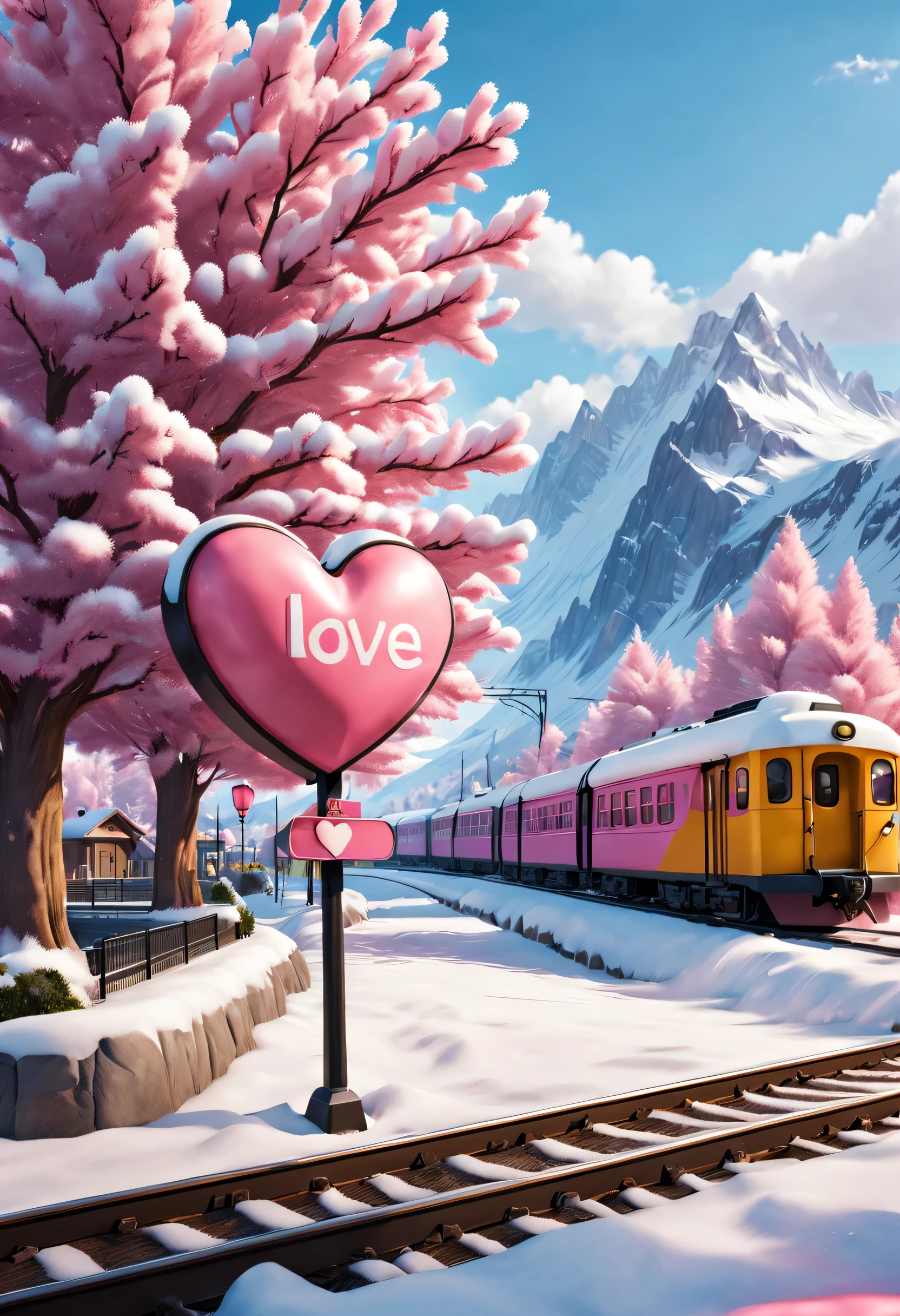 beautiful train station，With snow scene and train tracks (There is a small warm pink station on the roadside), There&#39;s a giant heart-shaped station sign and a heart-shaped love tree. There are cozy little station buildings on both sides of the signboard.. The snow is thick, Has front-view and ultra-wide-angle lenses, 8k, Ultra-clear, actual, Romantic, And looking forward to the back of the little yellow girl,