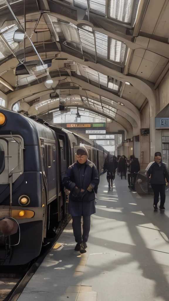 Train station: A bustling hub of activity, filled with the sounds and energy of traveling commuters. People of all ages and backgrounds move about, some in a hurry, others taking their time. The station's architecture towers overhead, with large clock faces marking the passing moments. Trains come and go from the various platforms, their whistles piercing the air. The ground is covered in a patchwork of shadows and sunlight, created by the station's overhead roof and the occasional passing train. Realistic detail can be seen in every aspect, from the creases in passengers' clothing to the grungy texture of the train tracks. The sound of announcements fill the air, giving information on arrival and departure times