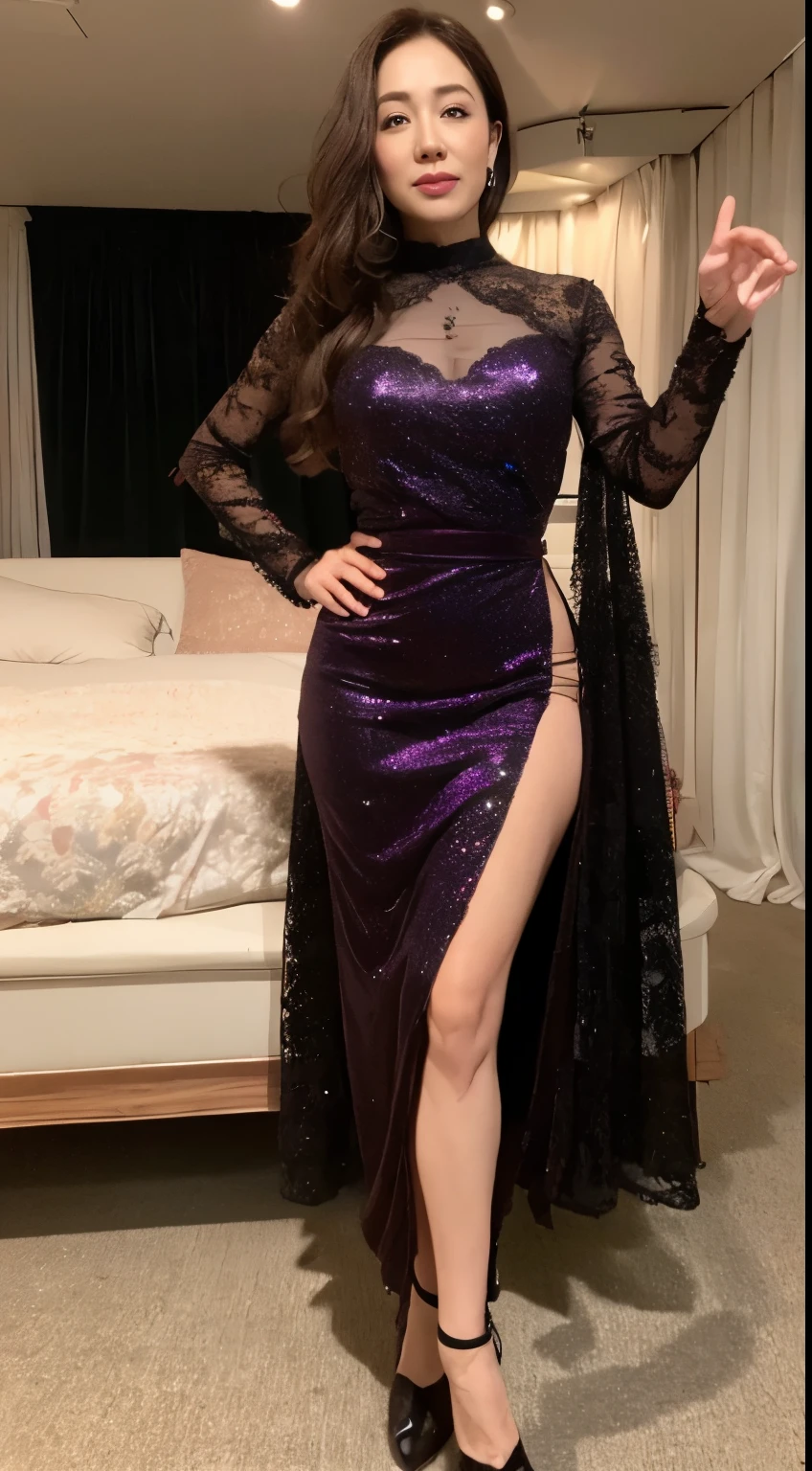 ((midnight, need, 8k, master piece:1.3)), full body esbian, long legs, four colors:1.2, beautiful woman with perfect figure:1.4, ((dark brown hair)), (China dress, standing on one&#39;s own feet:1.2), ((in the room)), Highly detailed face and skin texture, detailed eye, double eyelid，beauty,wavy hair, wrinkles around the eyes, to emphasize, ，the biggest，40 years old, wrinkled eyes,