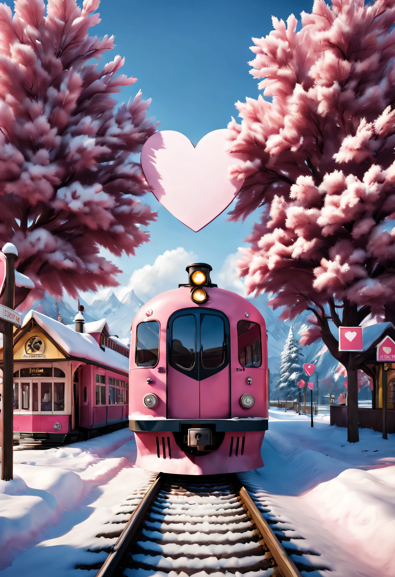 beautiful train station，With snow scene and train tracks (There is a small warm pink station on the roadside), There&#39;s a giant heart-shaped station sign and a heart-shaped love tree. There are cozy little station buildings on both sides of the signboard.. The snow is thick, Has front-view and ultra-wide-angle lenses, 8k, Ultra-clear, actual, Romantic, And looking forward to the back of the  yellow girl,