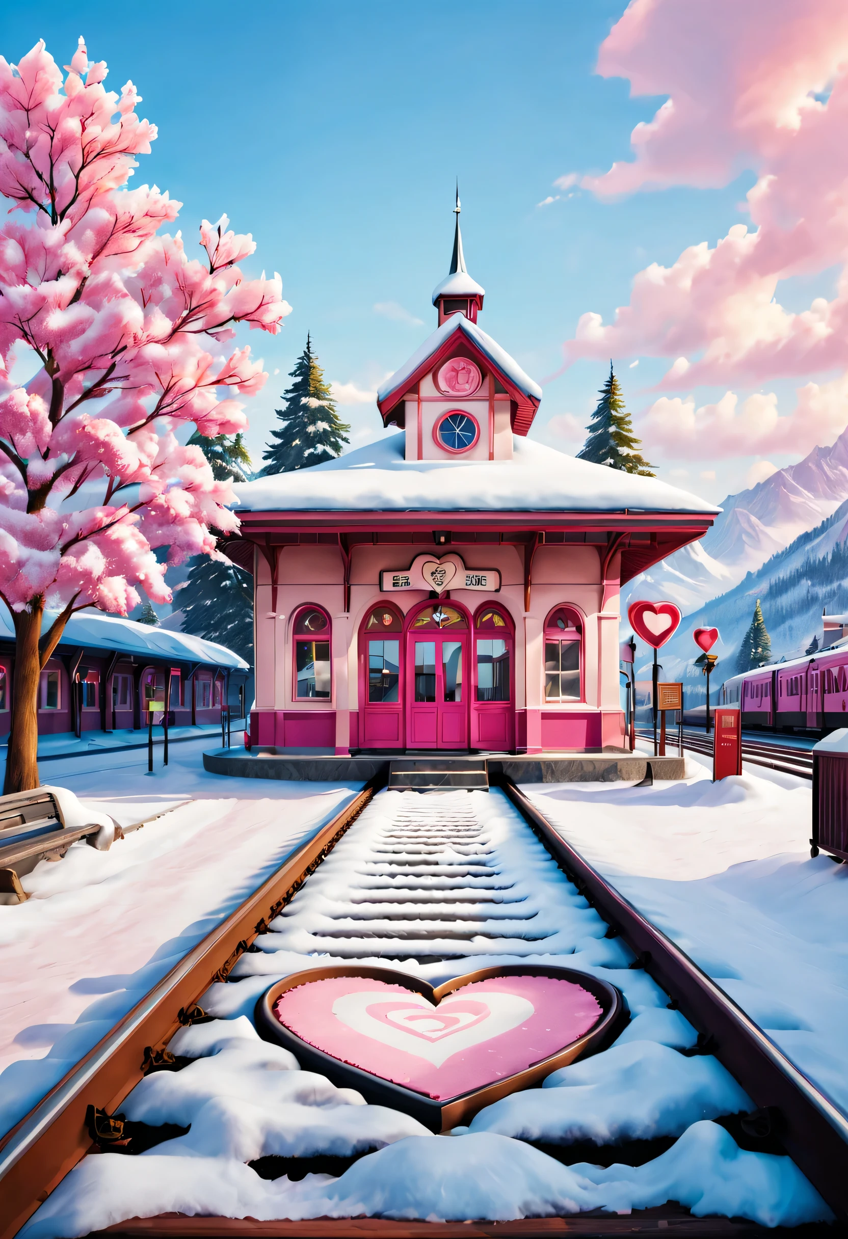 Fauvist style,a beautiful train station，With snow scene and train tracks. There is a warm pink station on the roadside, There&#39;s a giant heart-shaped station sign and a heart-shaped love tree. There are cozy little station buildings on both sides of the signboard.. The snow is thick, Has front-view and ultra-wide-angle lenses, 8k, Ultra-clear, actual, Romantic, and looking forward to it , Beautiful and meticulous