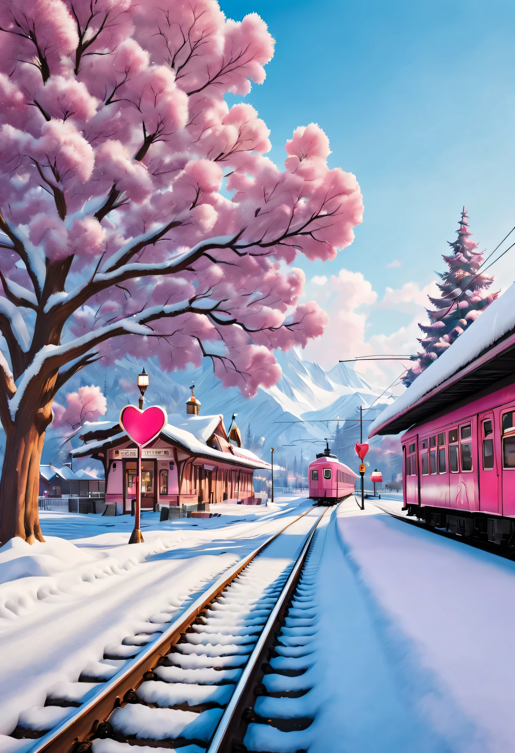 Fauvist style,a beautiful train station，With snow scene and train tracks. There is a warm pink station on the roadside, There&#39;s a giant heart-shaped station sign and a heart-shaped love tree. There are cozy little station buildings on both sides of the signboard.. The snow is thick, Has front-view and ultra-wide-angle lenses, 8k, Ultra-clear, actual, Romantic, and looking forward to it , Beautiful and meticulous