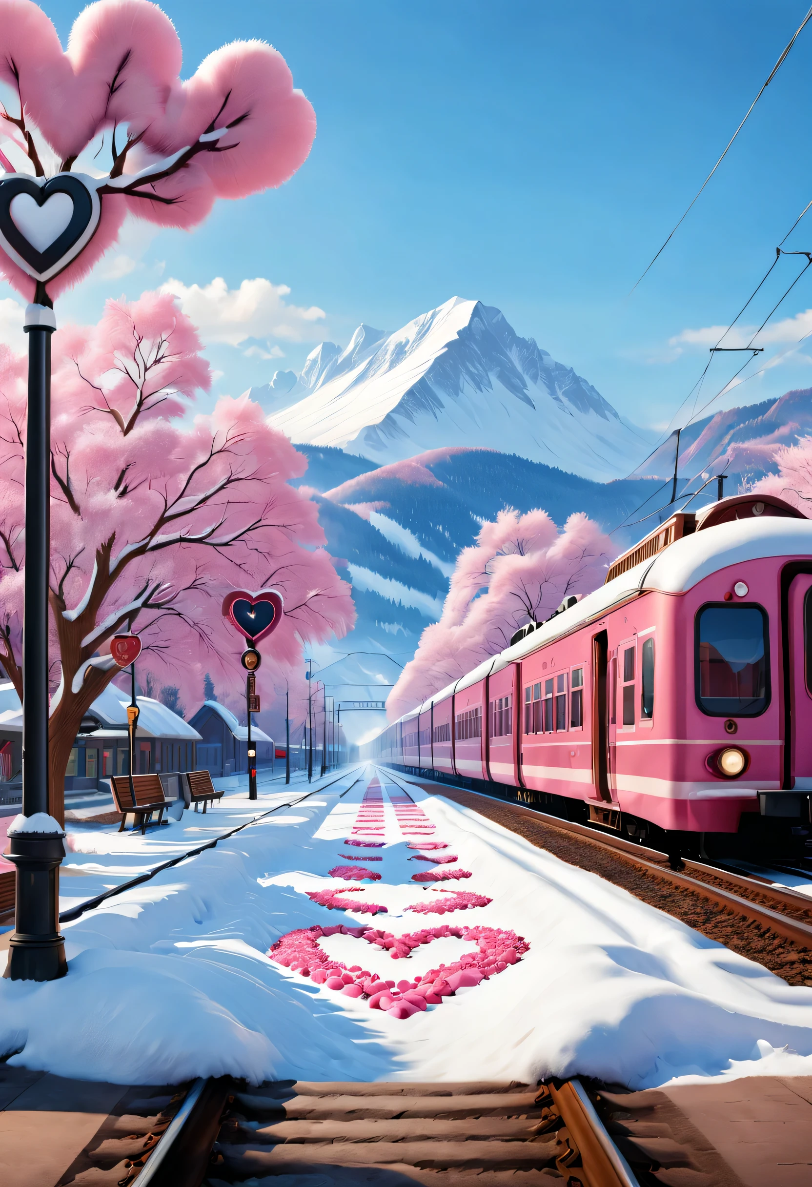 Fauvist style,（a beautiful train station：0.85），View of snow and train tracks. There is a warm pink station on the roadside, There&#39;s a giant heart-shaped station sign and a heart-shaped love tree. There are cozy little station buildings on both sides of the signboard.. The snow is thick, Has front-view and ultra-wide-angle lenses, 8k, Ultra-clear, actual, Romantic, and looking forward to it , Beautiful and meticulous