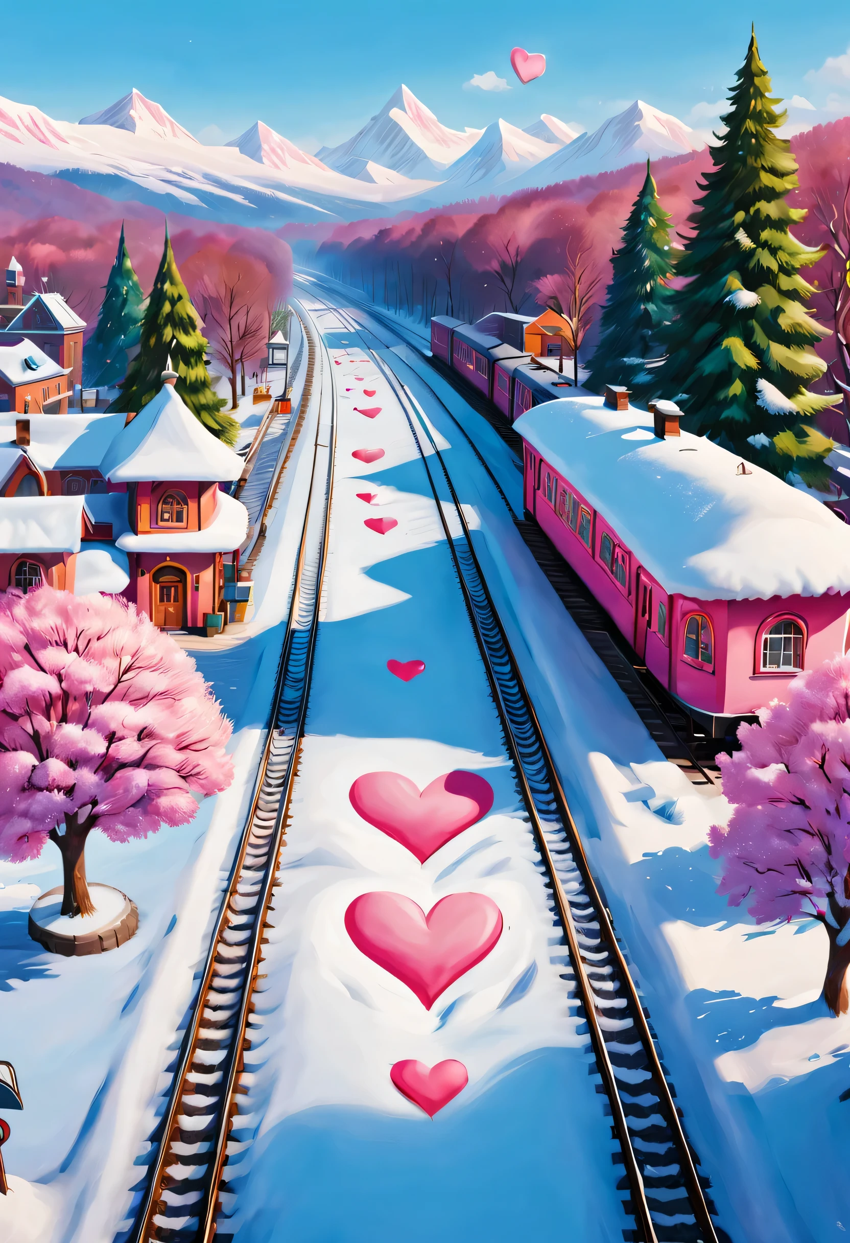 Fauvist style,（a beautiful train station：0.85），View of snow and train tracks. There is a warm pink station on the roadside, There&#39;s a giant heart-shaped station sign and a heart-shaped love tree. There are cozy little station buildings on both sides of the signboard.. The snow is thick, Has front-view and ultra-wide-angle lenses, 8k, Ultra-clear, actual, Romantic, and looking forward to it , Beautiful and meticulous