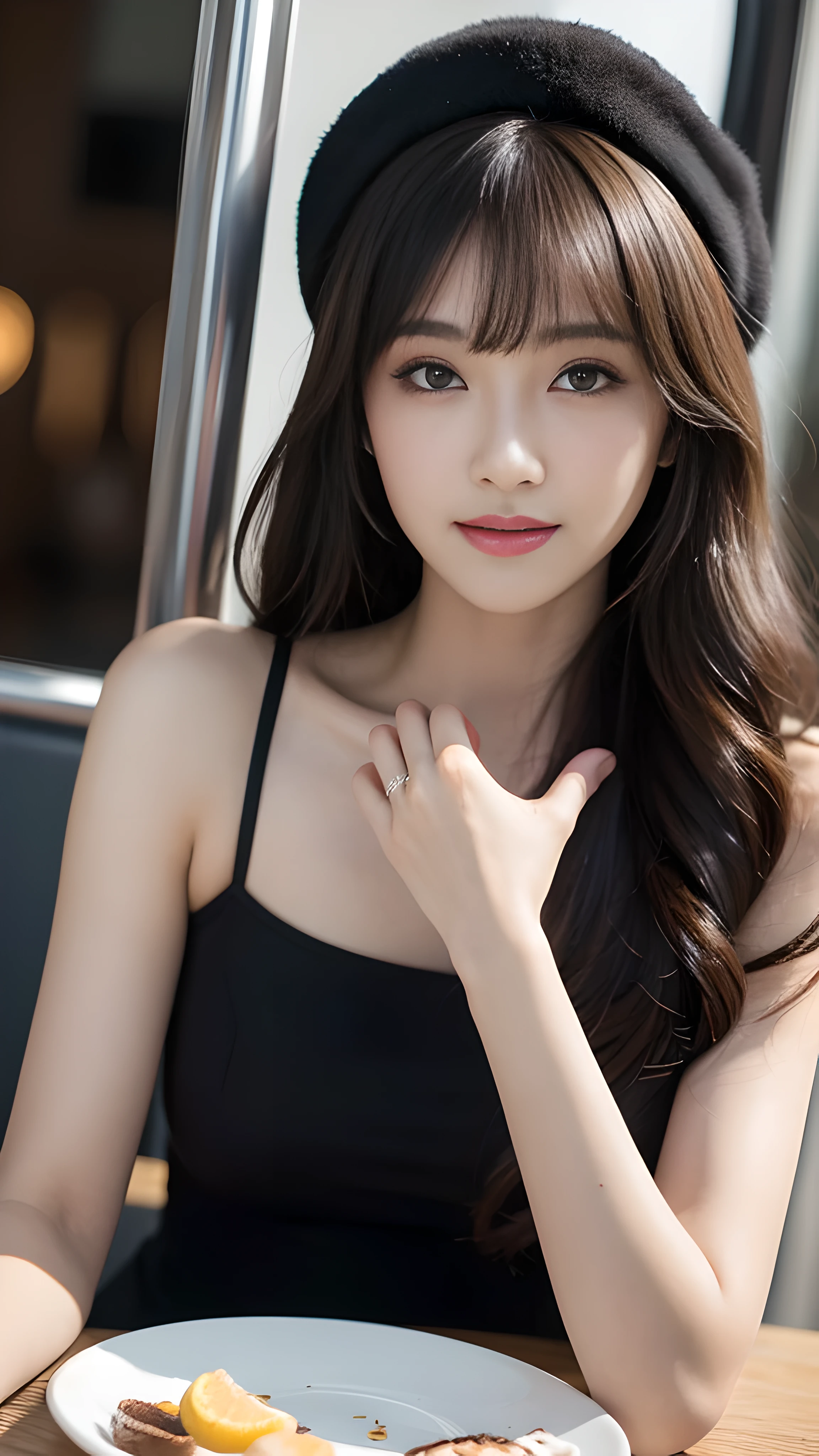 (table top:1.3), High resolution, Super detailed, Highly detailed CG Unity 8k wallpaper, realistic, photo-realistic, RAW photo, beautiful and detailed face, white skin, realistic skin, fine fabric texture, detailed hair texture, perfect proportions, beautiful face, Accurate, anatomically correct, Highly detailed face and skin texture, natural neck length, (beautiful hand air skin:1.2), thin legs, thin legs, fine eyes, symmetrical eyes, light brown eyes, double eyelid, thin eyebrows, (glossy lips:1.4), (goddess smile:1.2),
break,
(classy and cute girl:1.3),
(medium big breasts), (slender body shape:1.2),
(dark brown hair, wavy hair), ((long hair, asymmetrical bangs:1.2)), (upper body shot:1.2),
(by bus: 1.2),bus guide、night、cold winter season、winter fashion、outside、have、Random outfit with random colors, but、thave dress is so sexy、male
