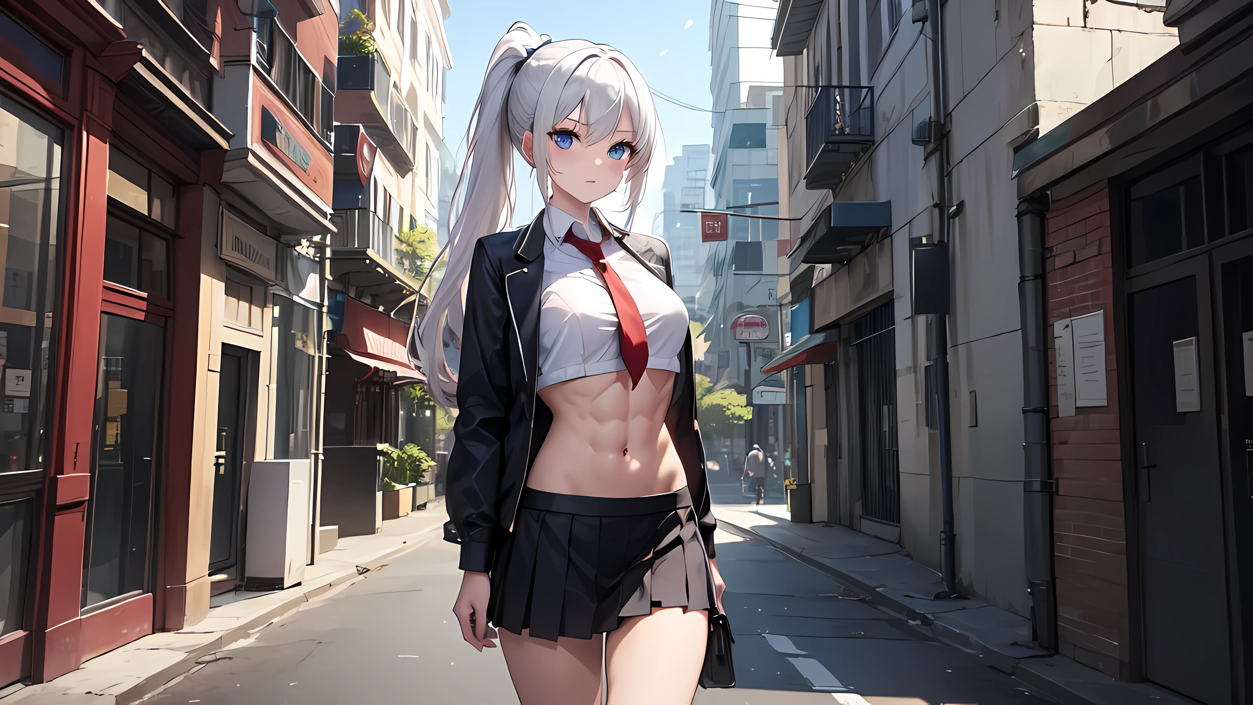 Photo, gray-haired girl stands in front of the camera, standing straight, Ponytail, Perfect body, press, 4-pack press, defind press, school uniform, 8K, Best quality, One girl, 20 year old student, Blue eyes, in the school hallway, Uncircumcised, no bags, On distance, empty hands