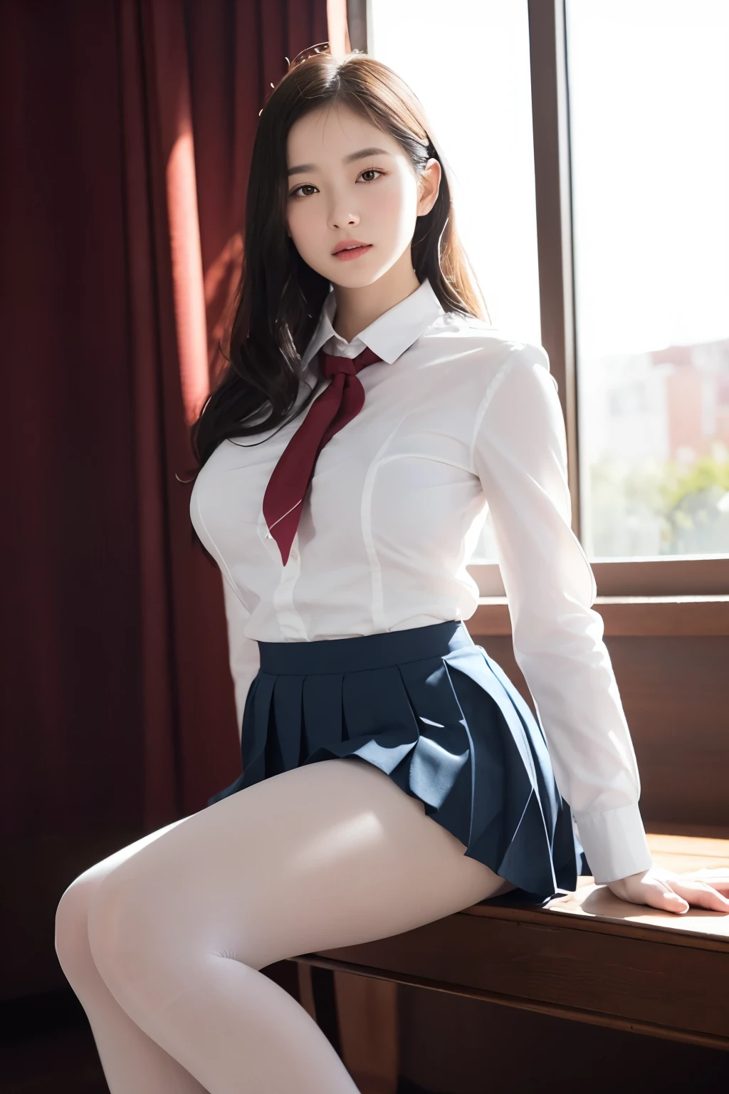 ultra actual 8k cg, picture-perfect face, flawless, Clean, masterpiece, Professional artwork, famous artwork, perfect face, pretty face, beautiful Eye, ((perfect female figure)), alone,(immersive atmosphere, chiaroscuro:1.5,Bright light:1.2,Luminous lighting)
,,(blush:0.5),seductive expression,Very detailed_Eye,Thick thighs,big breasts,
Beautifully detailed backgrounds,depth of field,actual:1.3, long shot,1 girl,shirt,pleated skirt, Uniforms, sitting, whole body,
(ambient light:1.3),(composition:1.3),(neon lights:0.1),(high dynamic range:0.1),Accent lighting, white pantyhose,