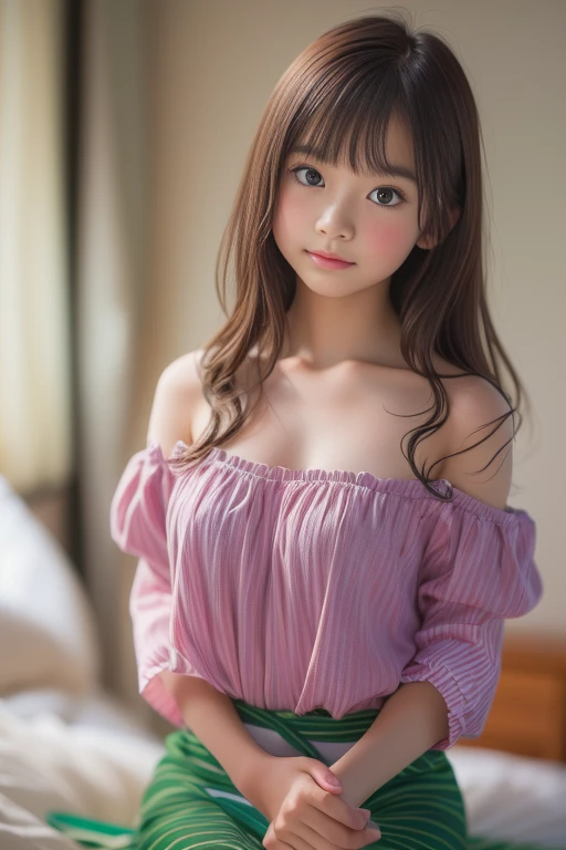 Ultra High Resolution, (Realistic: 1.4), RAW Photo, Best Quality, (Photorealistic), Focus, Soft Light, ((15 years old)), ((Japanese)), (Front, Young Face))), (Depth of Field), (One Piece), Masterpiece, (Photoreal), Woman, Bangs, (( off-the-shoulder top, Bedroom, 1 Girl))