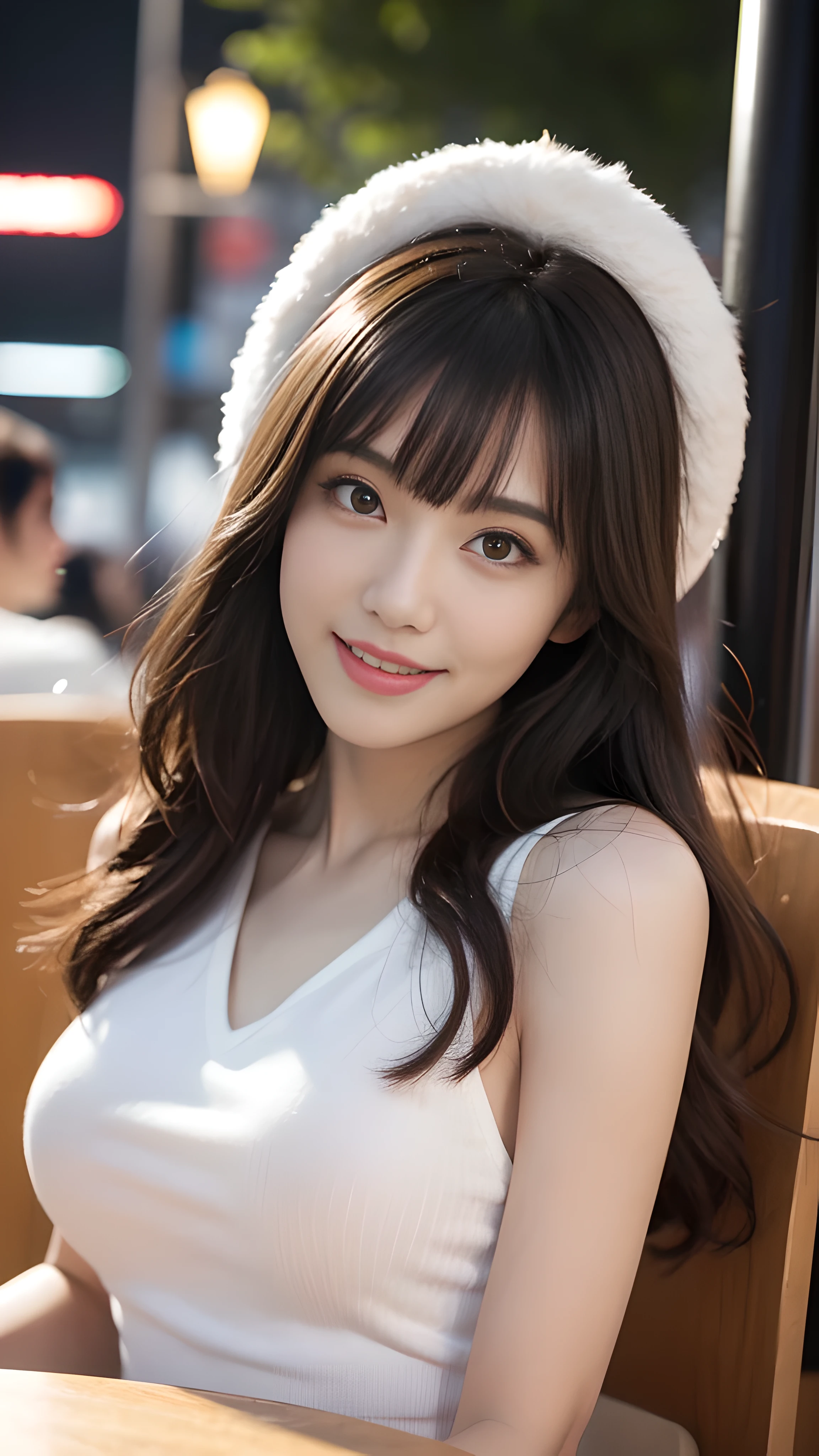 (table top:1.3), High resolution, Super detailed, Highly detailed CG Unity 8k wallpaper, realistic, photo-realistic, RAW photo, beautiful and detailed face, white skin, realistic skin, fine fabric texture, detailed hair texture, perfect proportions, beautiful face, Accurate, anatomically correct, Highly detailed face and skin texture, natural neck length, (beautiful hand air skin:1.2), thin legs, thin legs, fine eyes, symmetrical eyes, light brown eyes, double eyelid, thin eyebrows, (glossy lips:1.4), (goddess smile:1.2),
break,
(classy and cute girl:1.3),
(medium big breasts), (slender body shape:1.2),
(dark brown hair, wavy hair), ((long hair, asymmetrical bangs:1.2)), (upper body shot:1.2),
,bus guide、night、cold winter season、nice random place、outside、have、Random outfit with random colors, but、thave dress is so sexy、male