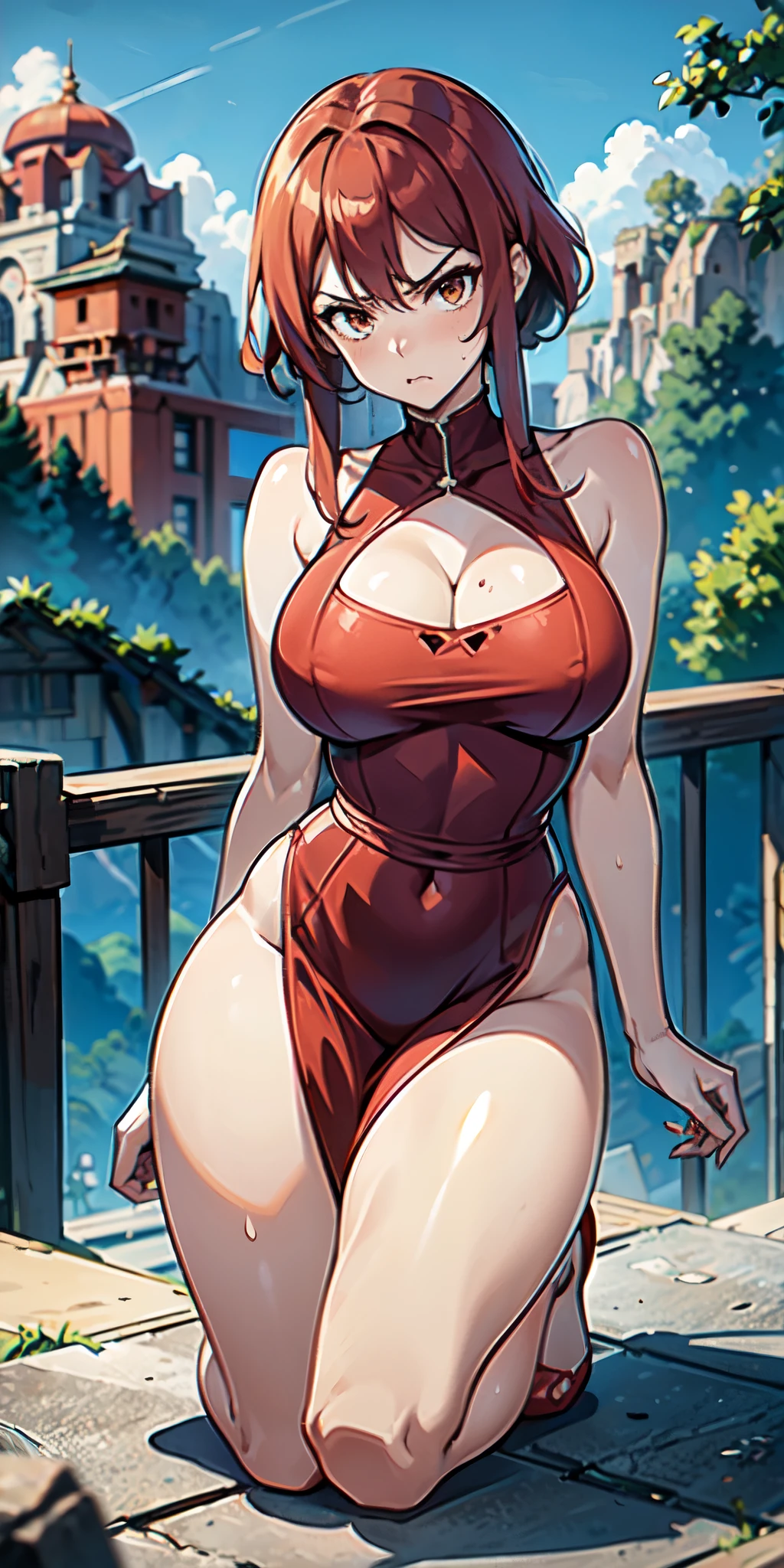 red hair, thick thighs, cleavage, bare tummy, big ass, slim waist, american shot, angry face, busty, spy, female monk, red monk dress, side slit, hot figure, angry, monastery hall, mountain view in background, kneeling, thick, sweaty