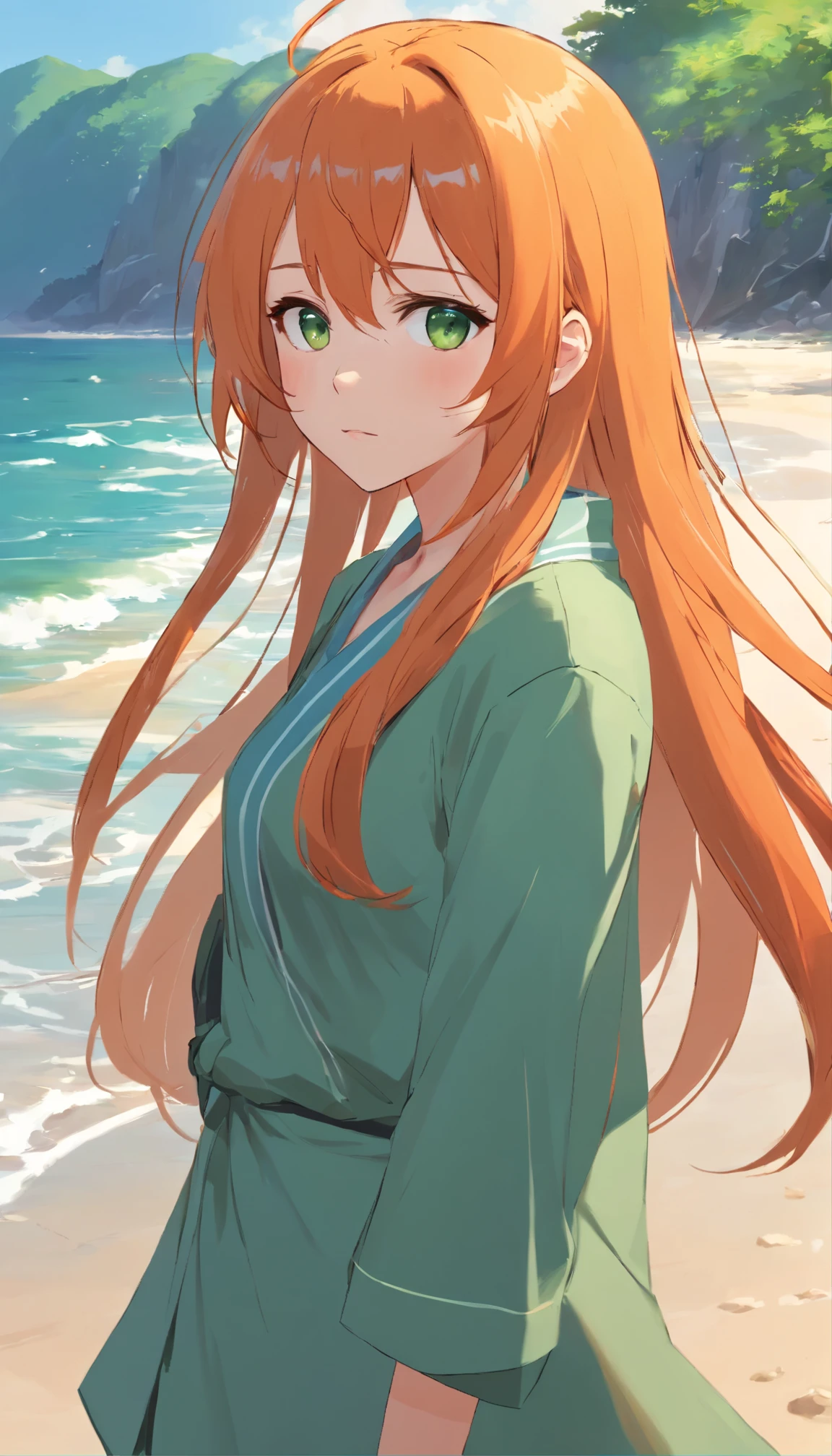 Anime girl with long orange hair, standing on the beach near the ocean, green eyes detailed digital anime art, Anime girl with long hair, гладкое аниме cg art, Anime girl with long hair, digital anime art, work in Guweiz style, Beautiful anime portrait, Photorealistic render of an anime girl, Beautiful anime girl, advanced digital anime art, guweiz на artstation pixiv HD UHD HQ