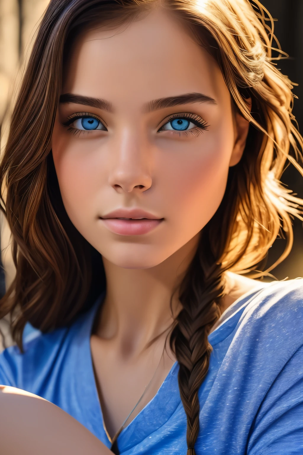 8K, Best quality, Masterpiece, ultra high resolution, (realism: 1.4), original photo, (realistic skin texture: 1.3), (granularity: 1.3), (Selfie angle), 1 girl, pink clothes, blue eyes and beautiful facial details, Masterpiece, Best quality, close-up, Quality pull-ups for the upper body