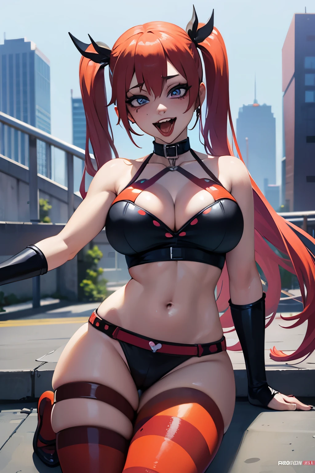 una sexy harley quinn con pechos grandes,muslos gruesos,ahegao,en un fondo de una ciudad