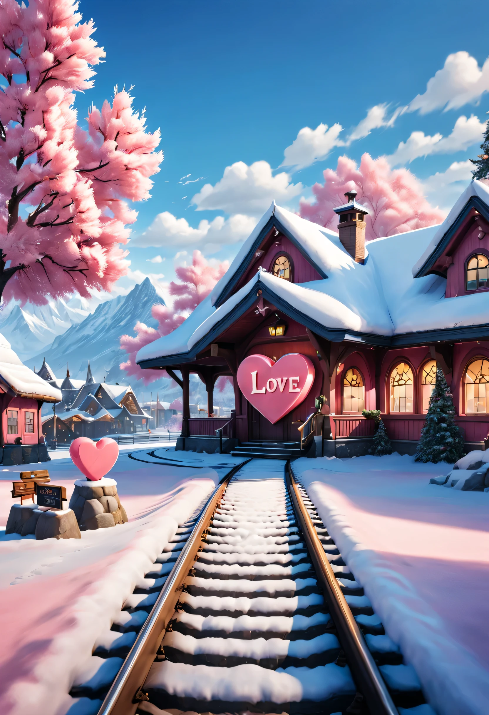 beautiful train station，With snow scene and train tracks (There is a small warm pink station on the roadside), There&#39;s a giant heart-shaped station sign and a heart-shaped love tree. There are warm little station buildings on both sides of the stop sign., There is thick snow. There is a super wide-angle lens on the front, 8k, Ultra-clear, actual, Romantic, And look forward to the back view of the cartoon *********** in blue clothes, Create a heavenly atmosphere,