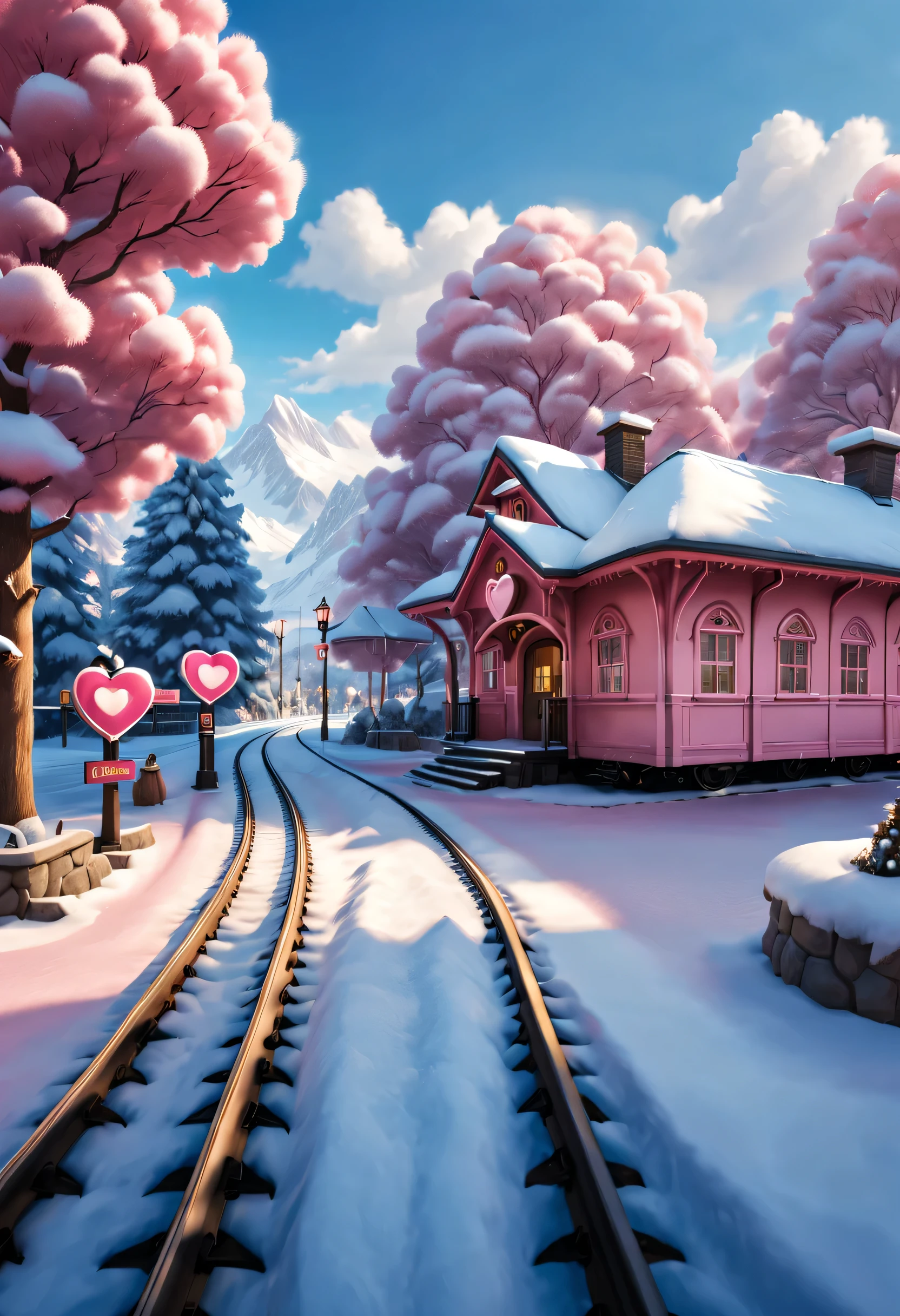 beautiful train station，With snow scene and train tracks (There is a small warm pink station on the roadside), There&#39;s a giant heart-shaped station sign and a heart-shaped love tree. There are warm little station buildings on both sides of the stop sign., There is thick snow. There is a super wide-angle lens on the front, 8k, Ultra-clear, actual, Romantic, And look forward to the back view of the cartoon *********** in blue clothes, Create a heavenly atmosphere,