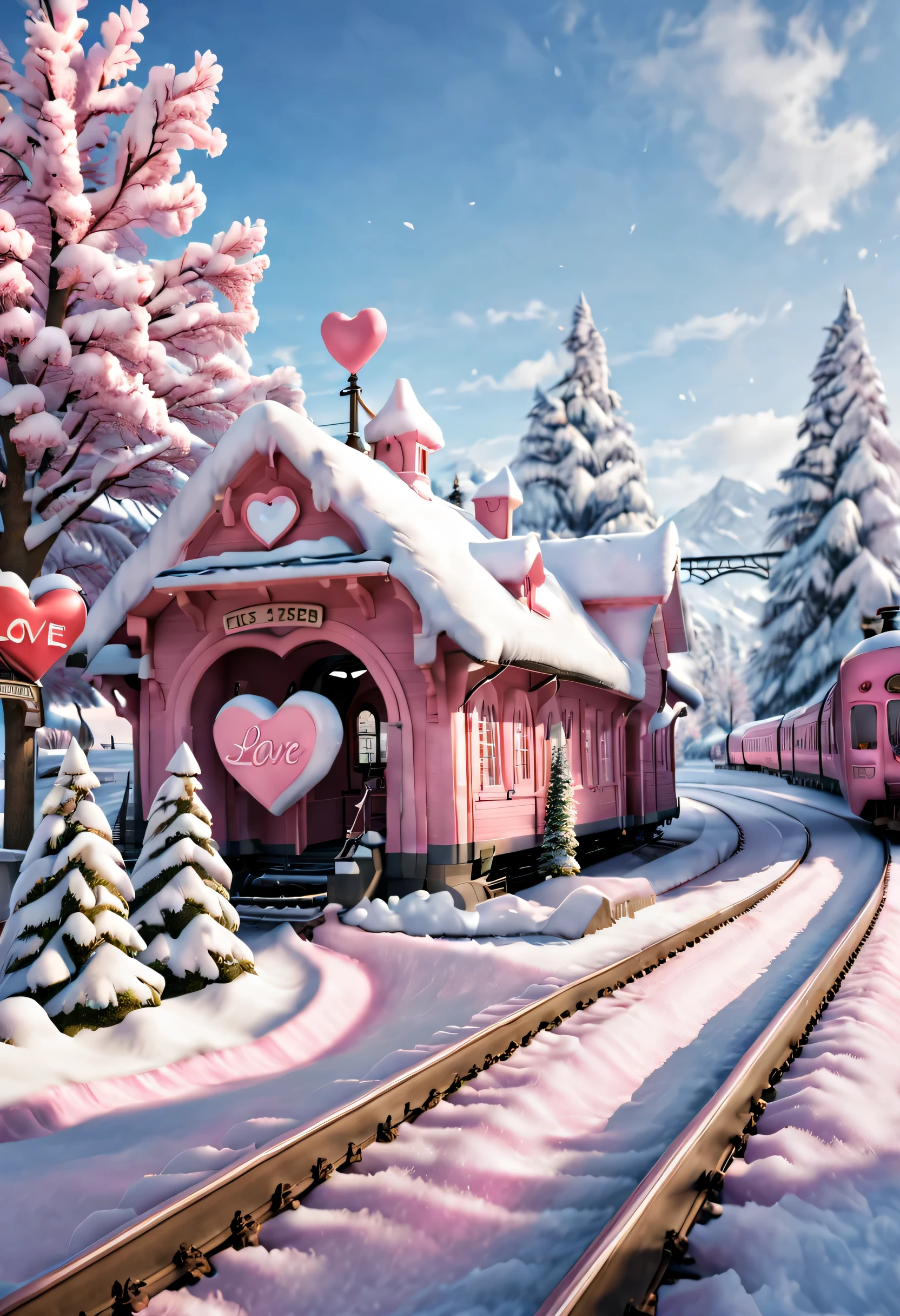 beautiful train station，With snow scene and train tracks (There is a warm pink train station on the roadside), With heart shaped station sign and heart shaped love tree. There are cozy little station buildings on both sides of the signboard., There is thick snow. Front view, ultra wide angle lens, 8k, Ultra-clear, actual, Romantic, and heavenly atmosphere,