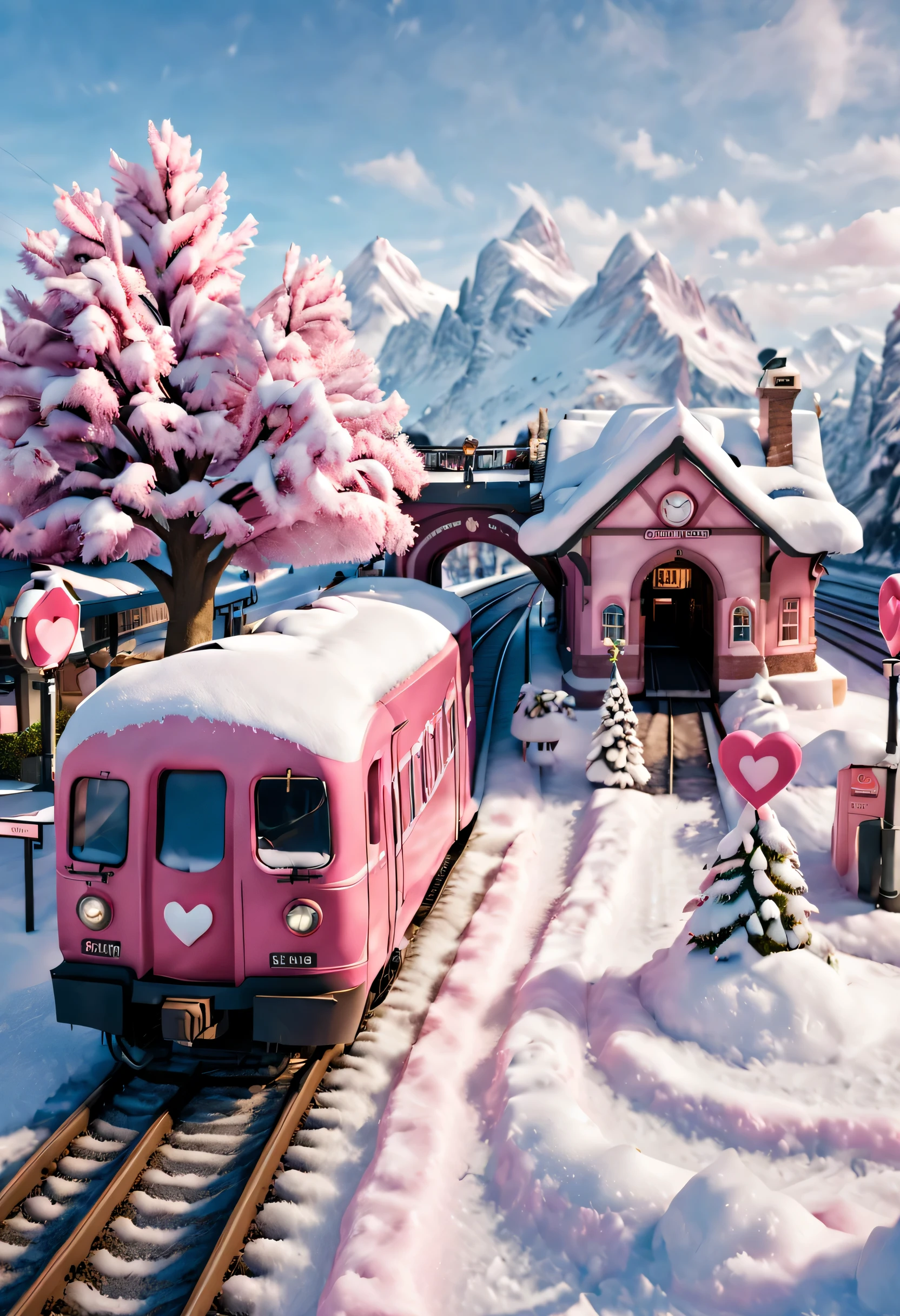 beautiful train station，With snow scene and train tracks (There is a warm pink train station on the roadside), With heart shaped station sign and heart shaped love tree. There are cozy little station buildings on both sides of the signboard., There is thick snow. Front view, ultra wide angle lens, 8k, Ultra-clear, actual, Romantic, and heavenly atmosphere,