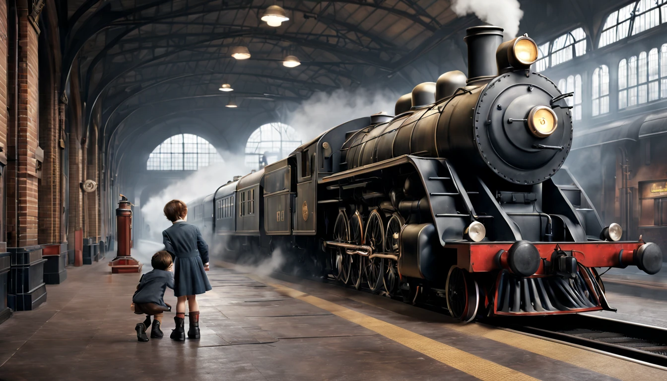 Station sales department.Two children were playing on the floor of the station platform, dieselpunk train station, Steam engine matte spray paint, Realistic concept art, Highly detailed matte, Realistic matte, Ultra-realistic matte, Highly realistic concept art, Luxurious matte painting, Inspired by Rudy Sisvanto, Realistic Disney, Magical realistic matte painting, 3D rendering matte