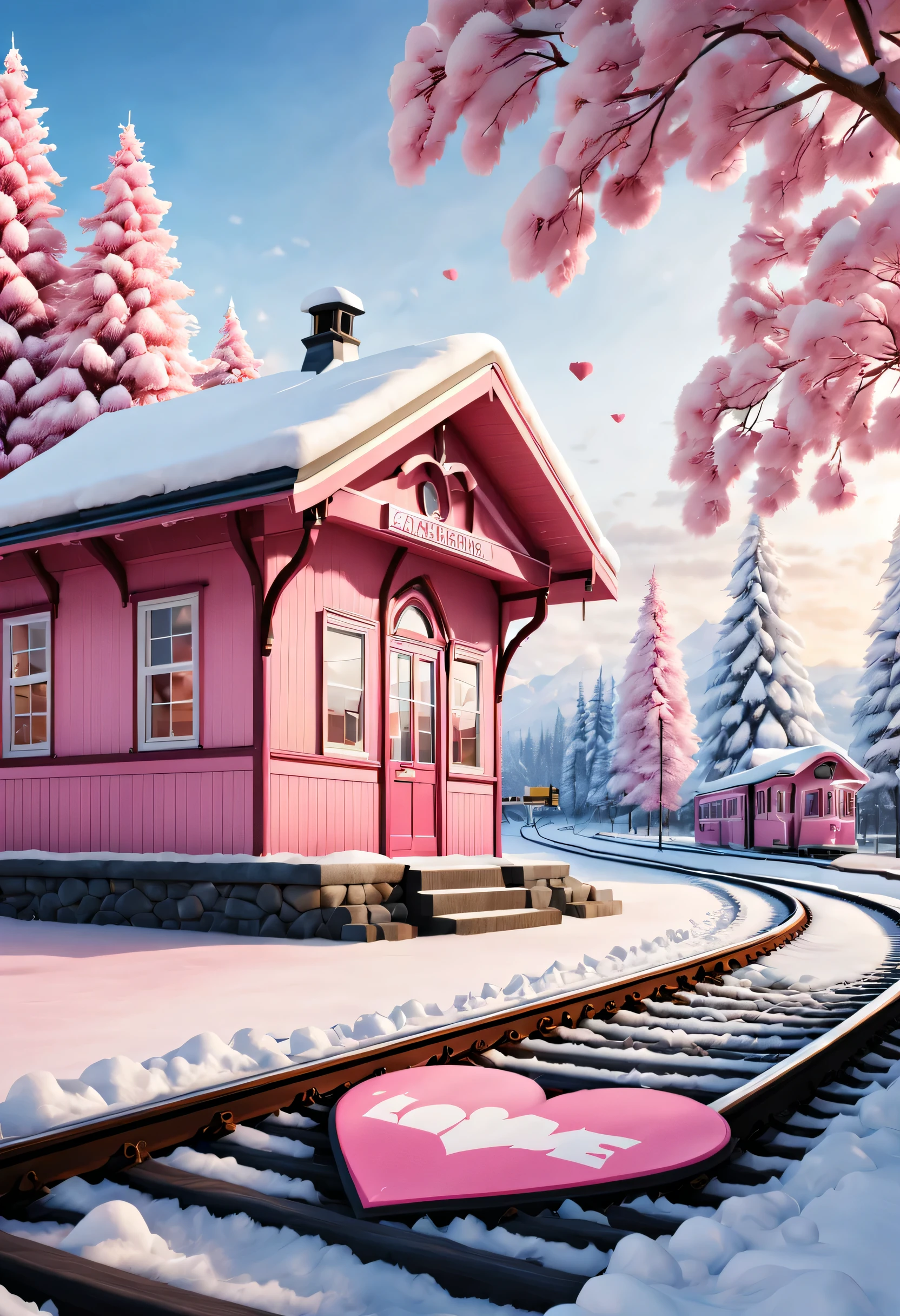 beautiful train station,You can see the snowy scene (There is a warm pink station building on the roadside), Heart shaped station sign, A heart-shaped love tree, Warm little station buildings on both sides of the signboard, A track that extends into the distance, thick snow, Front view, ultra wide angle lens, 8k, Ultra-clear, true, Romantic, heavenly atmosphere,