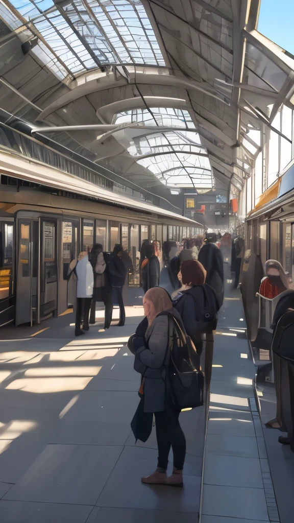 Train station: A bustling hub of activity, filled with the sounds and energy of traveling commuters. People of all ages and backgrounds move about, some in a hurry, others taking their time. The station's architecture towers overhead, with large clock faces marking the passing moments. Trains come and go from the various platforms, their whistles piercing the air. The ground is covered in a patchwork of shadows and sunlight, created by the station's overhead roof and the occasional passing train. Realistic detail can be seen in every aspect, from the creases in passengers' clothing to the grungy texture of the train tracks. The sound of announcements fill the air, giving information on arrival and departure times