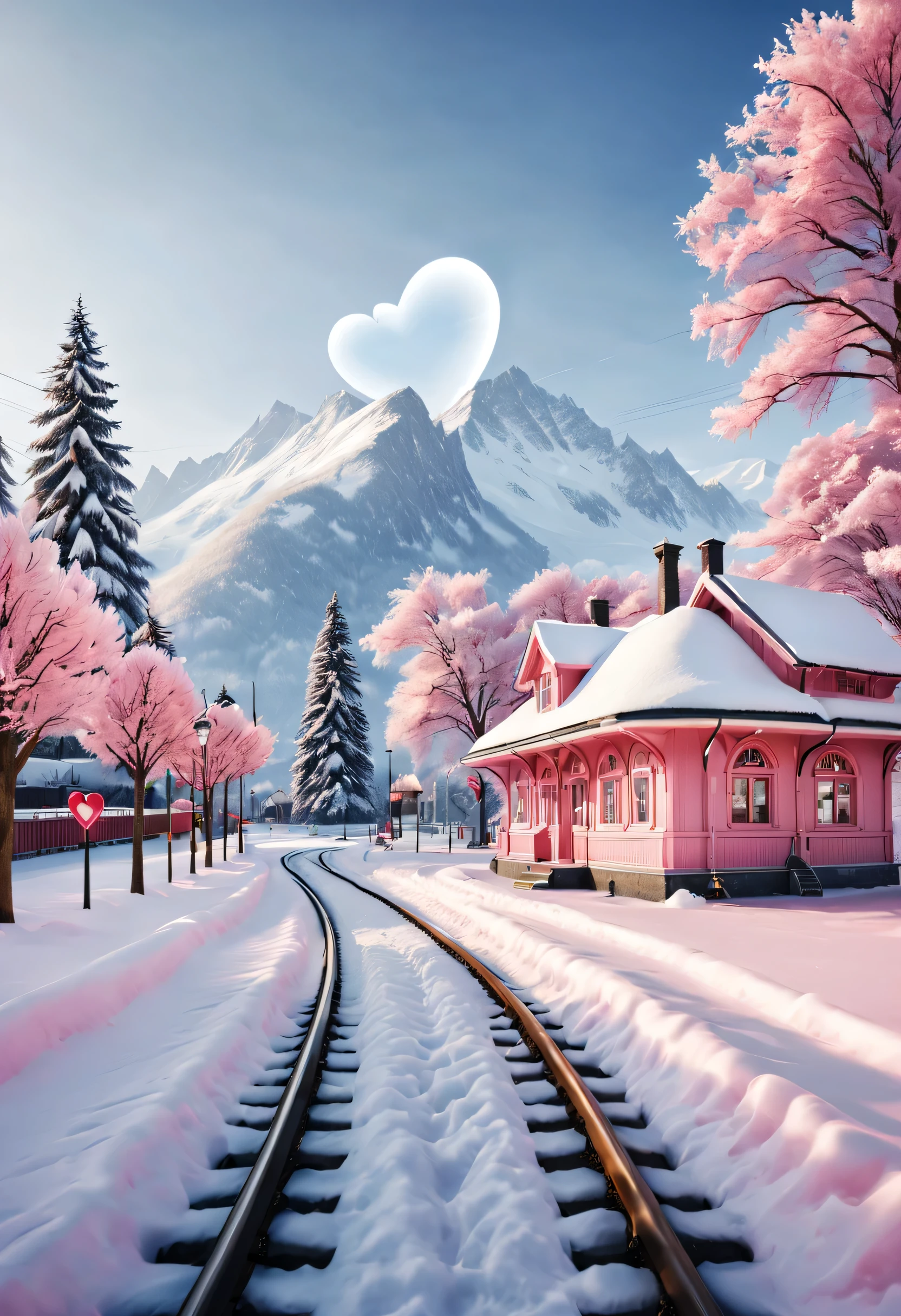 a beautiful train station，With snow scene and train tracks. There is a warm pink station on the roadside, There&#39;s a giant heart-shaped station sign and a heart-shaped love tree. There are cozy little station buildings on both sides of the signboard.. The snow is thick, Has front-view and ultra-wide-angle lenses, 8k, Ultra-clear, actual, Romantic, and looking forward to it