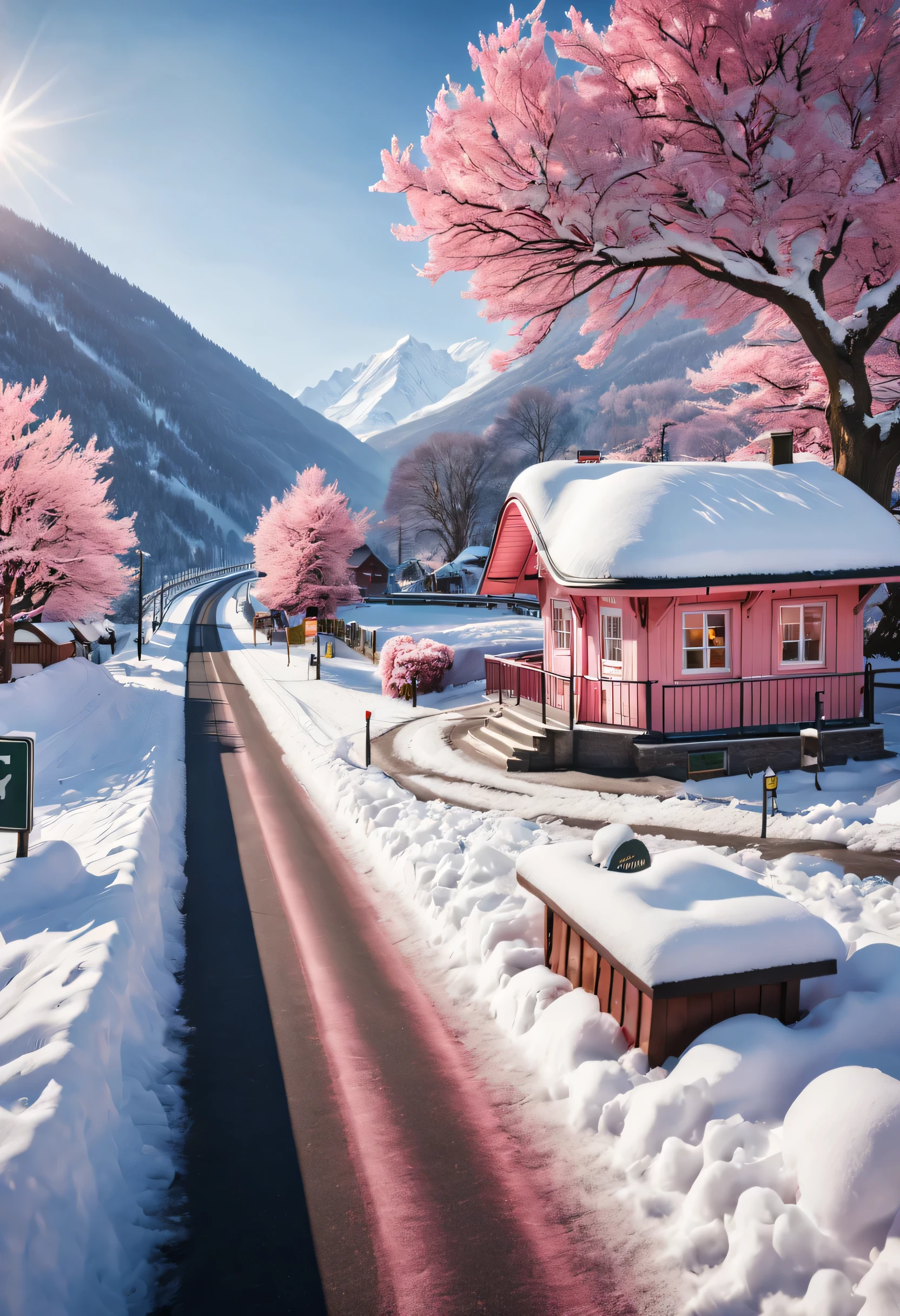 Beautiful snow station (There is a warm pink station building on the roadside), Heart shaped station sign, A heart-shaped love tree, Warm little station buildings on both sides of the signboard, A track that extends into the distance, thick snow, Front view, ultra wide angle lens, 8k, Ultra-clear, true, Romantic, heavenly atmosphere,