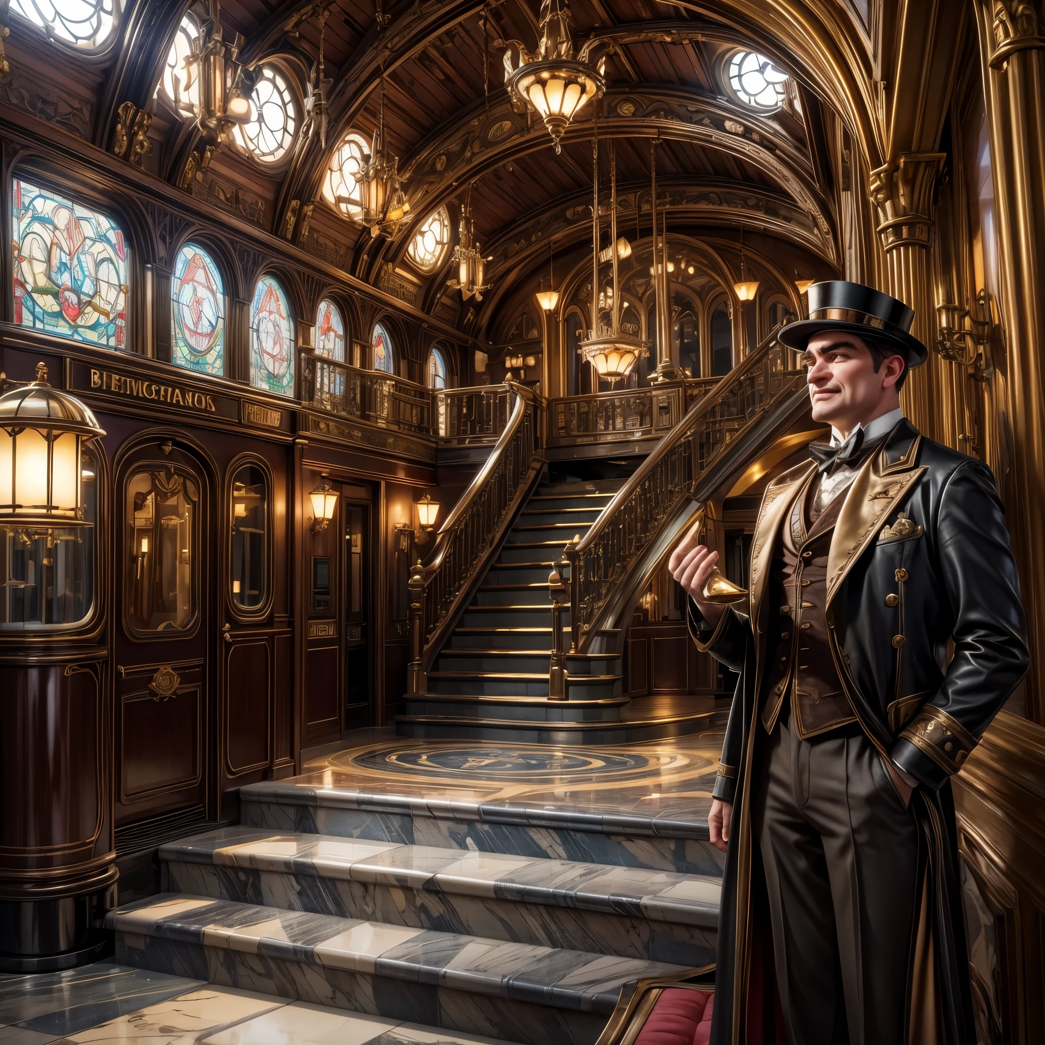 (best quality,4k,8k,highres,masterpiece:1.2),ultra-detailed,(realistic,photorealistic,photo-realistic:1.37),steam punk,a luxurious Train Station,spotlessly clean,several steam punk entertainment gadgets are present,golden steam-powered machines,exquisite clockwork mechanisms,elaborate brass gears and cogs,steaming pipes and valves,ornate Victorian architecture,impeccably polished marble floors,vintage leather-upholstered seating,gleaming crystal chandeliers,elegant top hats and corsets,curved wrought-iron staircases,copper-clad ticket booths,an opulent waiting lounge with plush velvet seats,an old-fashioned ticket conductor standing at the platform,steam-powered trains arriving and departing with a majestic hissing sound,couples in elegant attire waiting to board the train,a sense of excitement and anticipation in the air,beautifully painted vintage train carriages,puffs of steam billowing from the engines,strategically placed gas lamps casting a warm glow,sounds of clinking tea cups and laughter from a nearby café,vivid colors of rich burgundy,deep emerald green,and shimmering gold,all perfectly illuminated by the soft natural light streaming through large stained glass windows,captured in a timeless moment of Victorian elegance and steam-powered marvels.