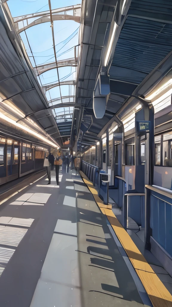 Train station: A bustling hub of activity, filled with the sounds and energy of traveling commuters. People of all ages and backgrounds move about, some in a hurry, others taking their time. The station's architecture towers overhead, with large clock faces marking the passing moments. Trains come and go from the various platforms, their whistles piercing the air. The ground is covered in a patchwork of shadows and sunlight, created by the station's overhead roof and the occasional passing train. Realistic detail can be seen in every aspect, from the creases in passengers' clothing to the grungy texture of the train tracks. The sound of announcements fill the air, giving information on arrival and departure times