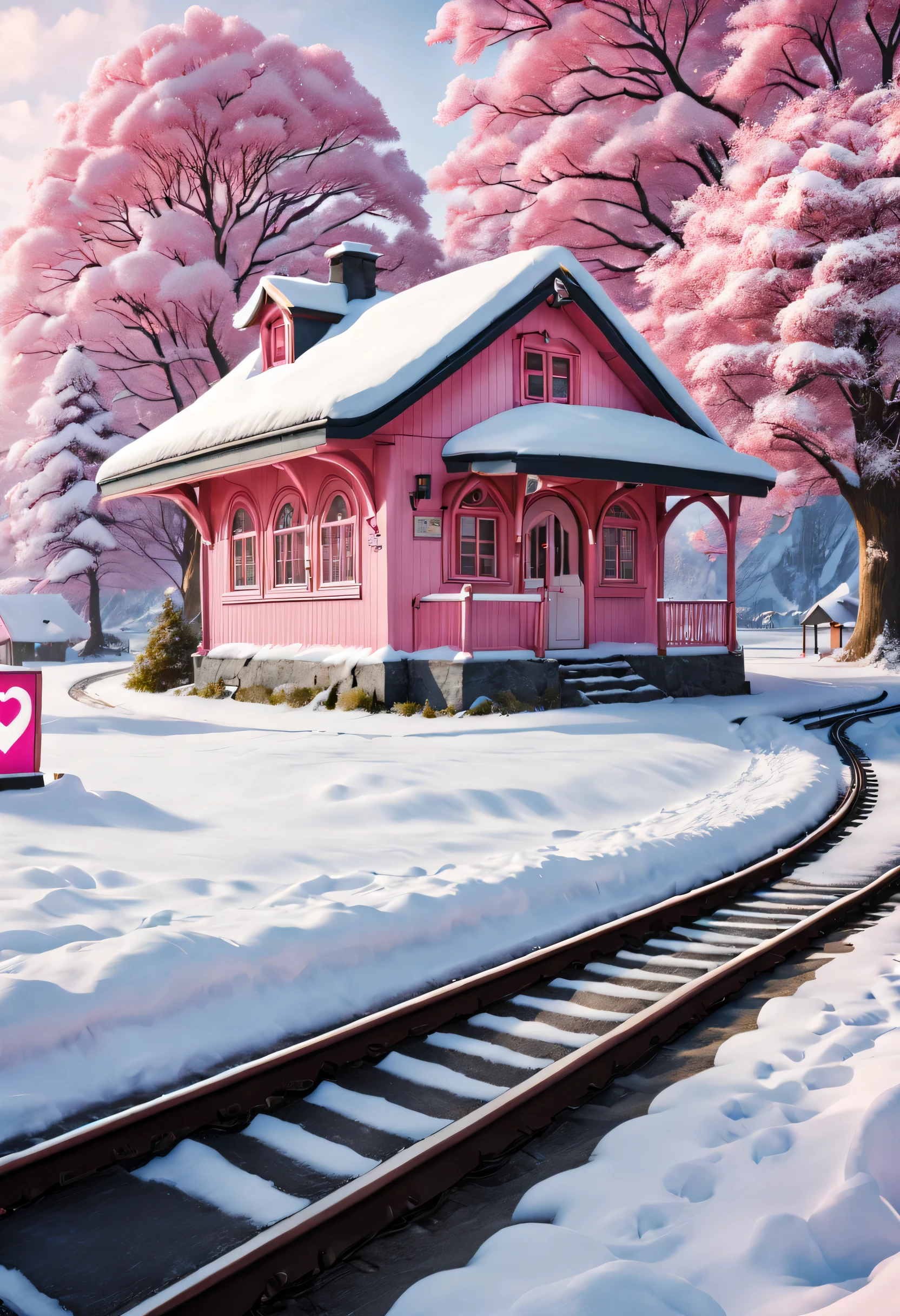 a beautiful station, snow scene (There is a warm pink station building on the roadside), (A heart-shaped station sign stuck in the snow), heart shaped love tree, There are cozy little station rooms on both sides of the sign., A track that extends into the distance, thick snow, Front view, ultra wide angle lens, 8k, Ultra-clear, true, Romantic, heavenly atmosphere,