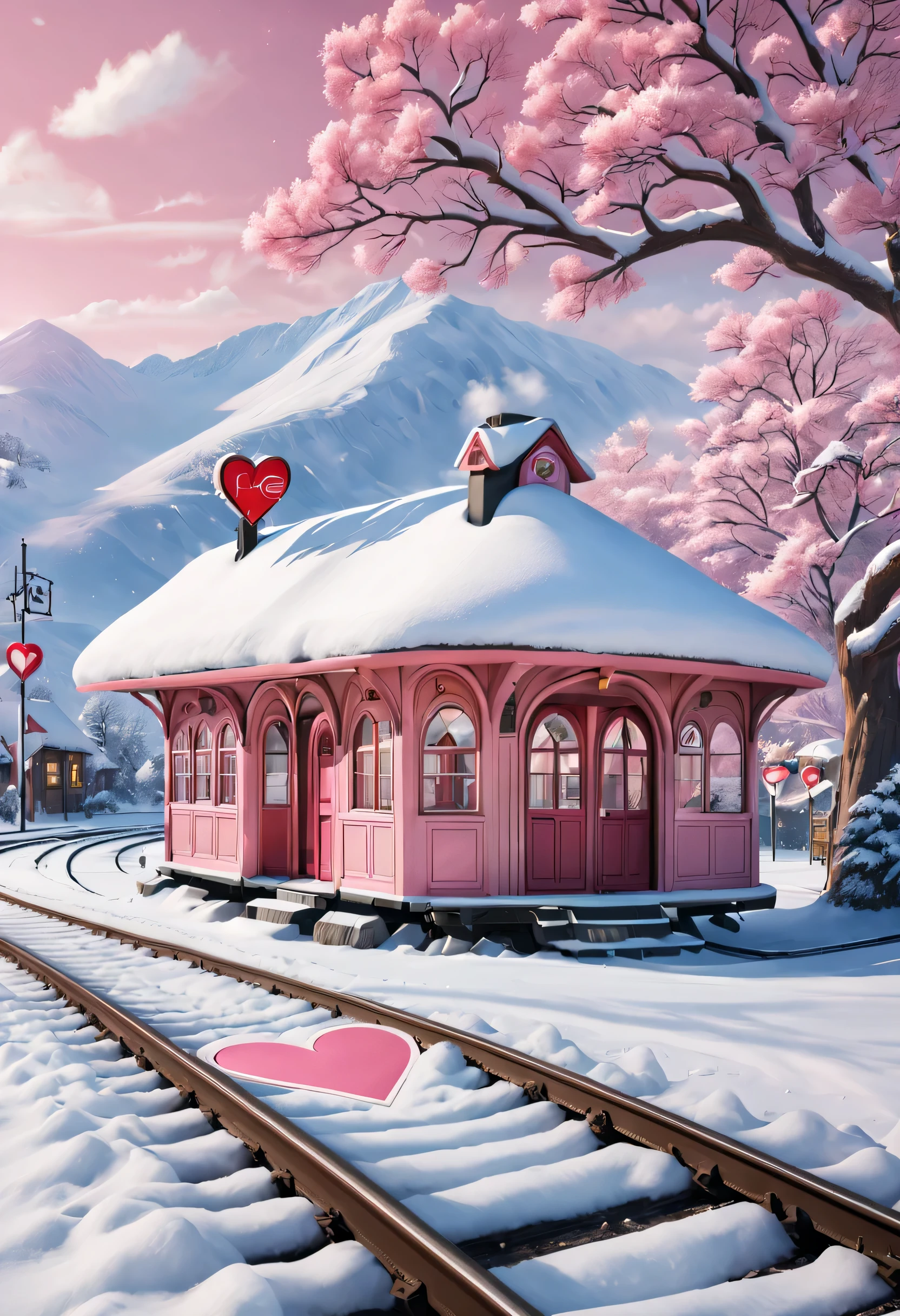 a beautiful station, snow scene (There is a warm pink station building on the roadside), (A heart-shaped station sign stuck in the snow), heart shaped love tree, Warm little station buildings on both sides of the signboard, A railway track extending into the distance, thick snow, Front view, ultra wide angle lens, 8k, Ultra-clear, true, Romantic, heavenly atmosphere,