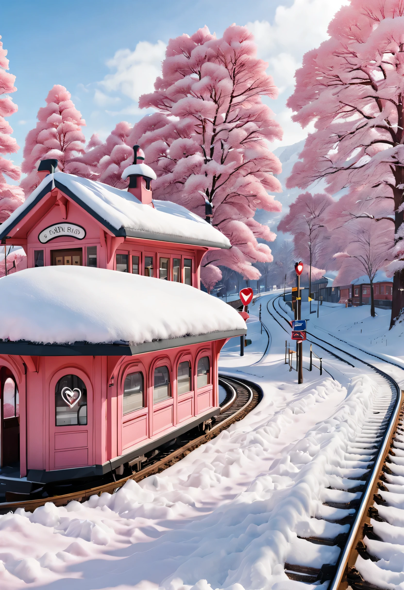 a beautiful station, snow scene (There is a warm pink station building on the roadside), (A heart-shaped station sign stuck in the snow), heart shaped love tree, Warm little station buildings on both sides of the signboard, A railway track extending into the distance, thick snow, Front view, ultra wide angle lens, 8k, Ultra-clear, true, Romantic, heavenly atmosphere,