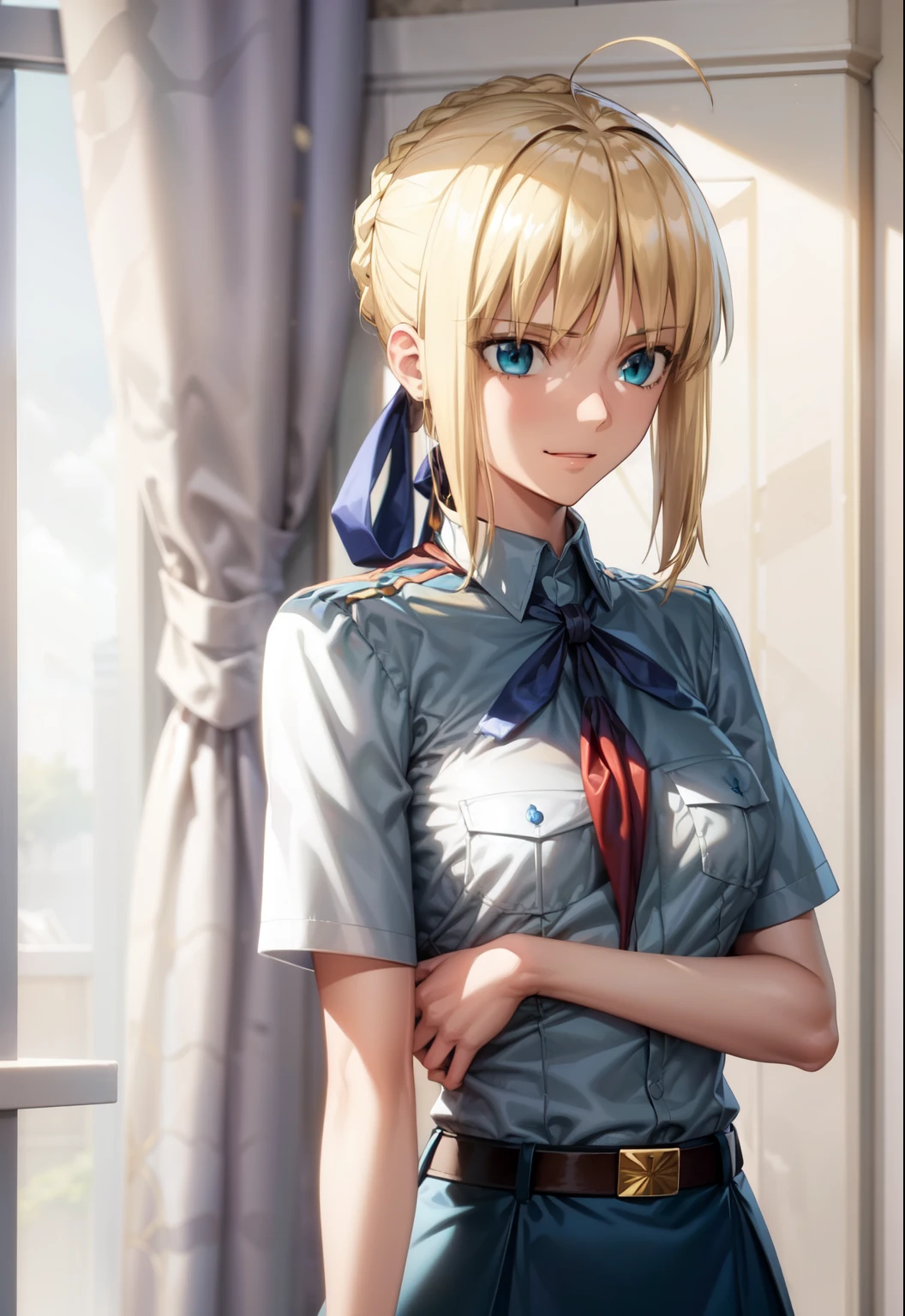 very young slim fit girl, full height, (blonde hair:1.2), big blue eyes, shy smile, perfect flat breast, pioneer neckerchief, short tight blue pleated skirt, bangs, tight white shirt, short sleeves, collared shirt, belt, (red neckerchief:1.3), breast pocket, white wall, artoria pendragon \(fate\)